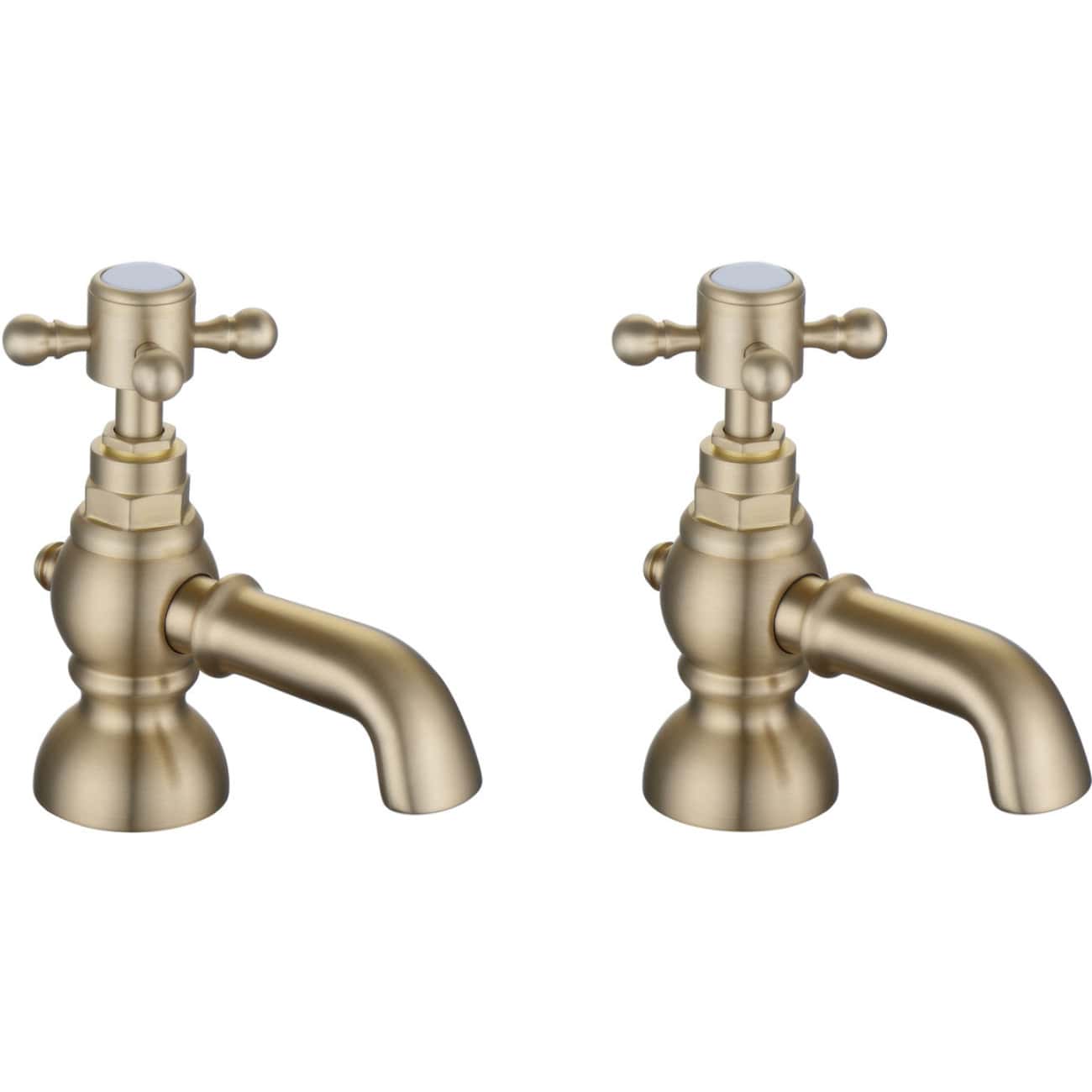Antique brass bathroom sink tap pair with classic cross handles, vintage style, and durable construction for elegant bathroom fixtures. Perfect for traditional bathroom decor.