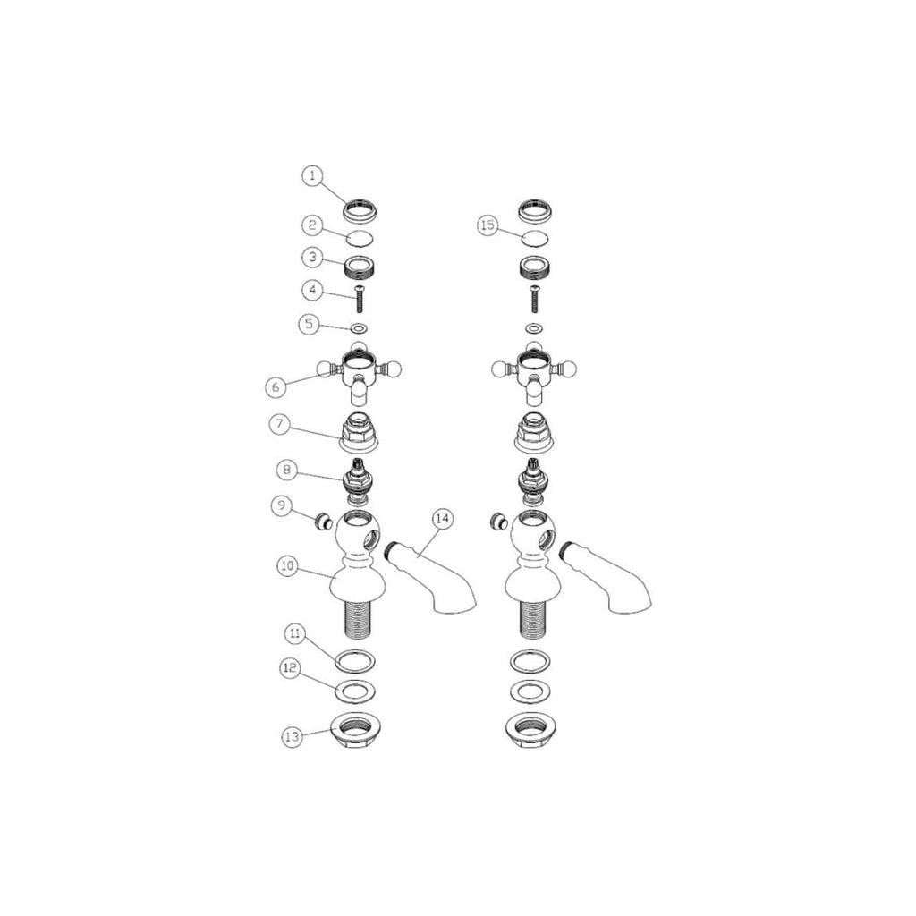 Exposed white bath taps with detailed repair parts and components diagram. Suitable for bathroom sink or bathtub plumbing repair or installation. Clear exploded view of tap assembly parts.