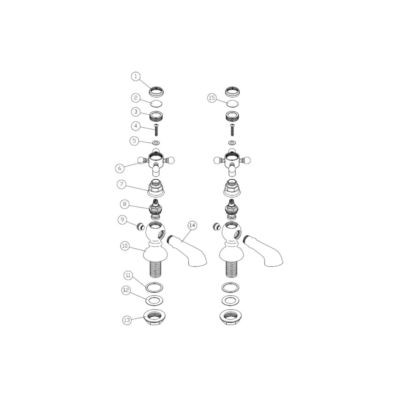 Exposed white bath taps with detailed repair parts and components diagram. Suitable for bathroom sink or bathtub plumbing repair or installation. Clear exploded view of tap assembly parts.
