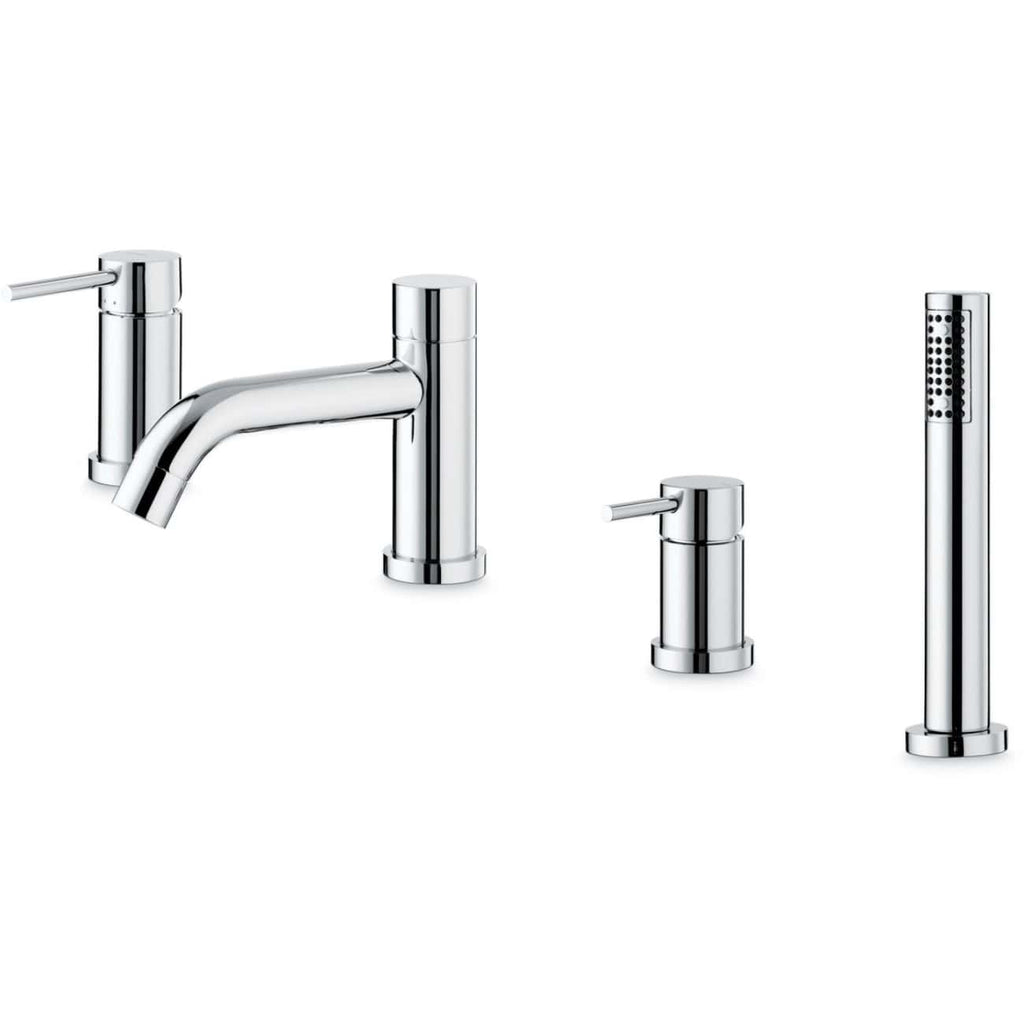 Sleek modern chrome bathroom taps and shower components with a minimalist design, perfect for stylish bathroom upgrades and water efficiency.