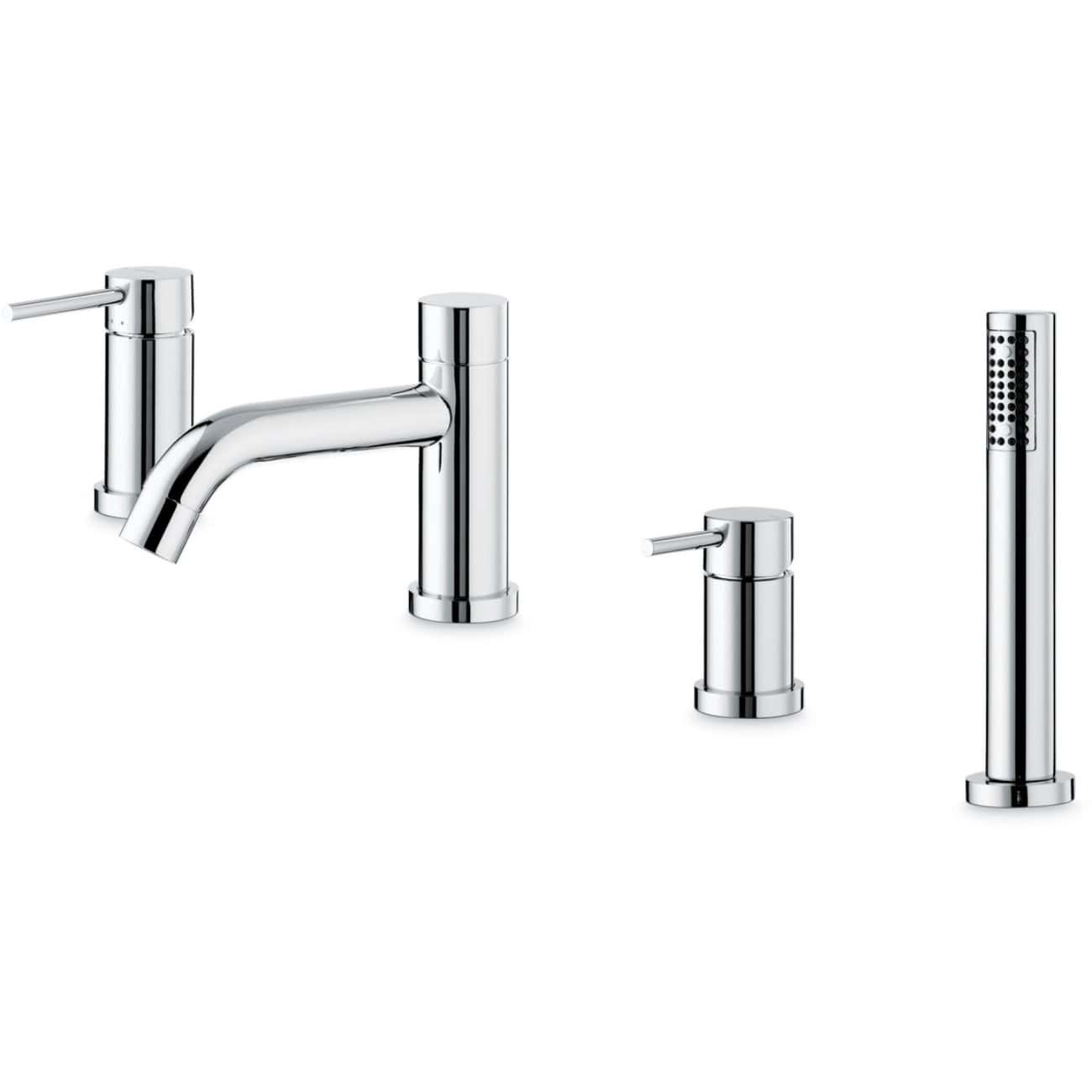 Sleek modern chrome bathroom taps and shower components with a minimalist design, perfect for stylish bathroom upgrades and water efficiency.