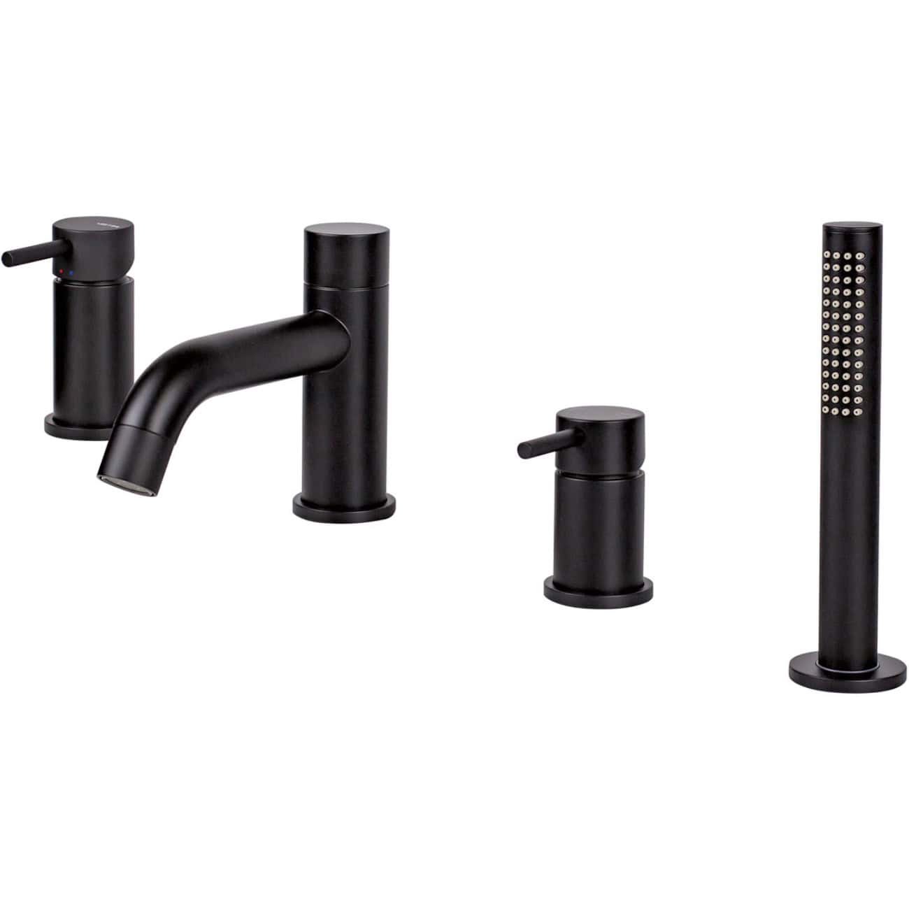 Sleek black bathroom fixtures including a modern tap, mixer, soap dispenser, and handheld shower head set, perfect for contemporary bathroom design and upgrade.