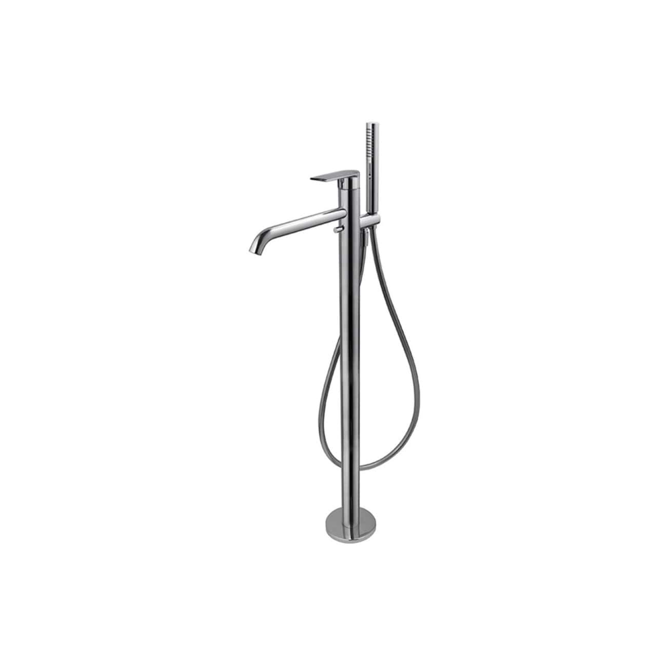 Sleek modern freestanding bathroom tap with built-in hand shower in polished chrome finish for contemporary bathroom design.