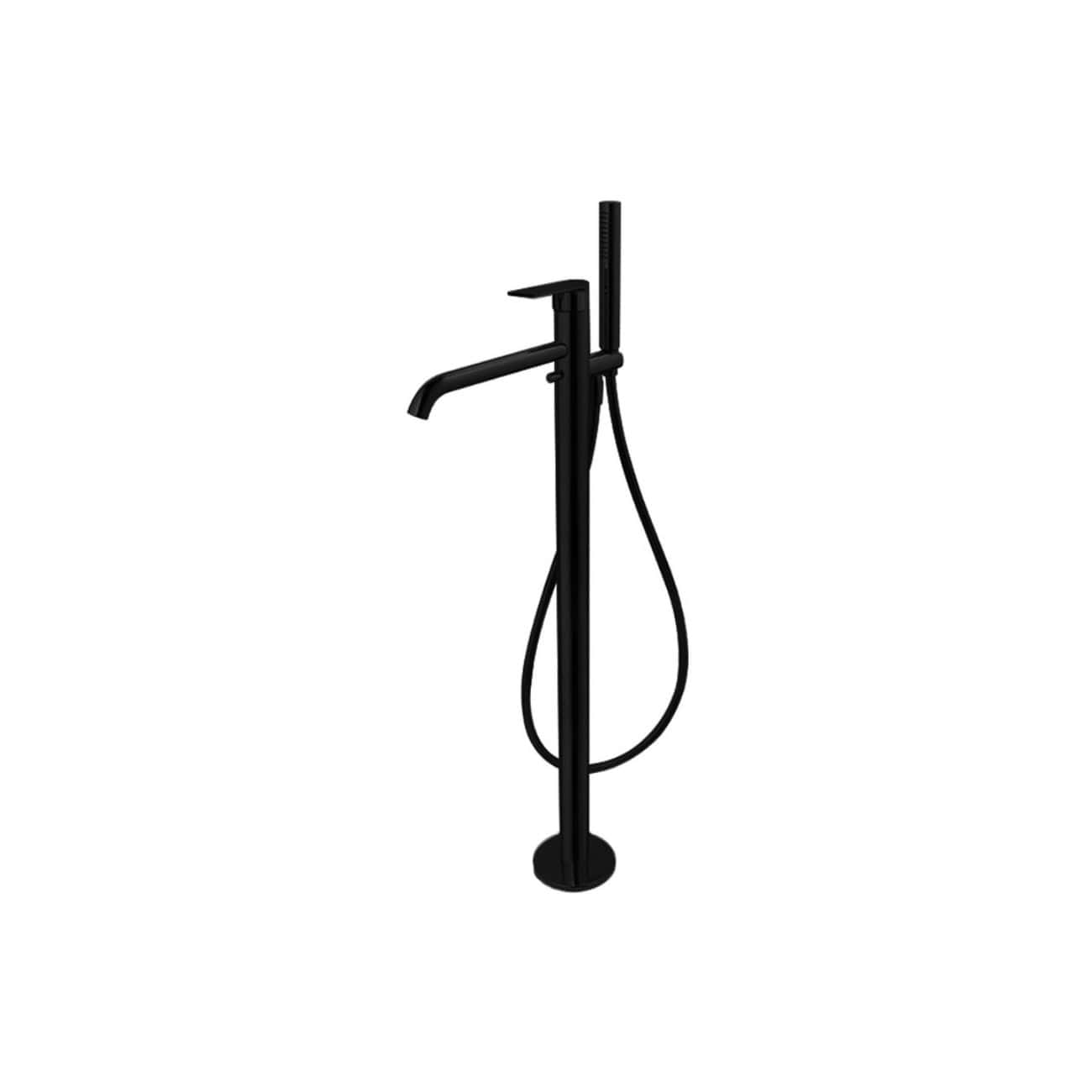 Sleek black freestanding bathroom mixer tap with handheld shower head and hose, modern design for elegant bathroom renovation.