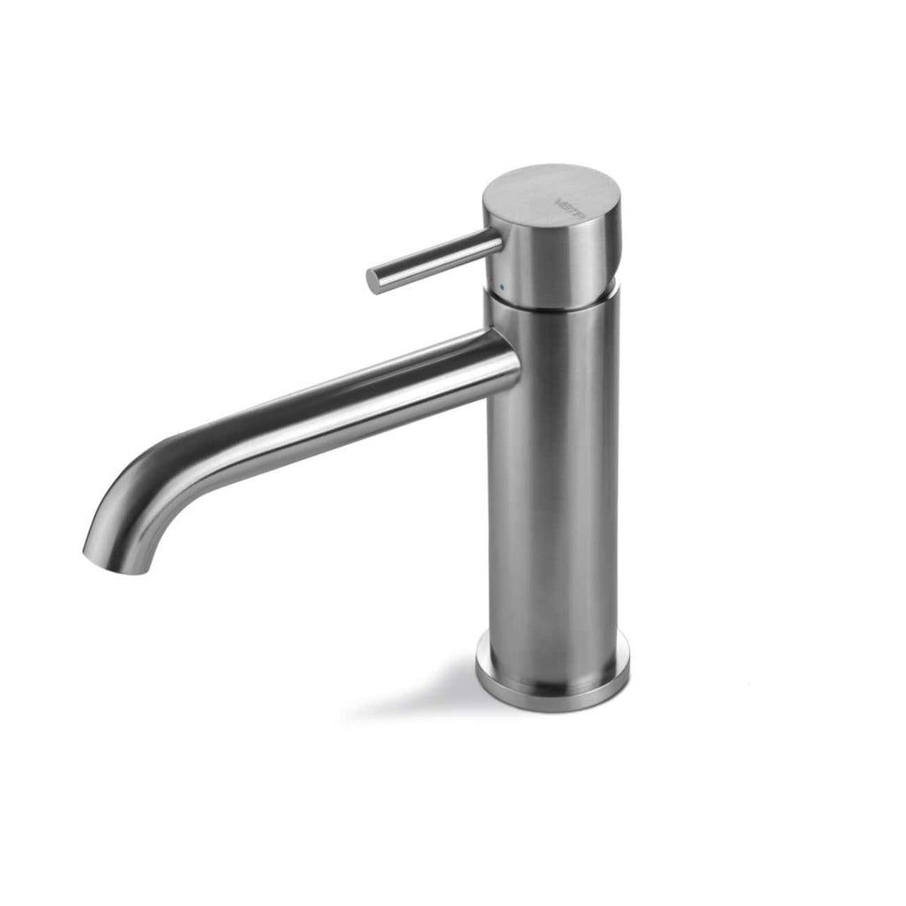 Sleek stainless steel bathroom sink tap with modern design, single lever handle, ideal for contemporary bathrooms, durable and easy to operate.