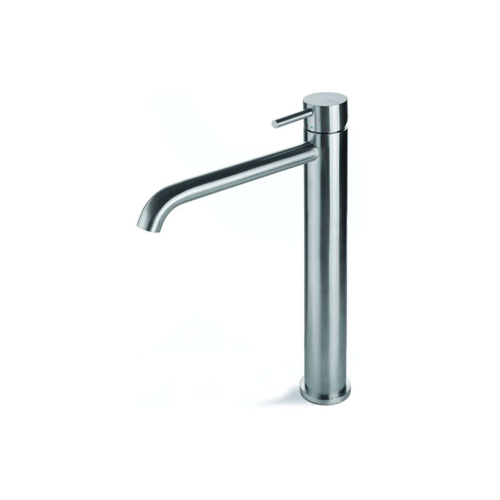 Chrome kitchen tap with modern cylindrical design and single lever handle.