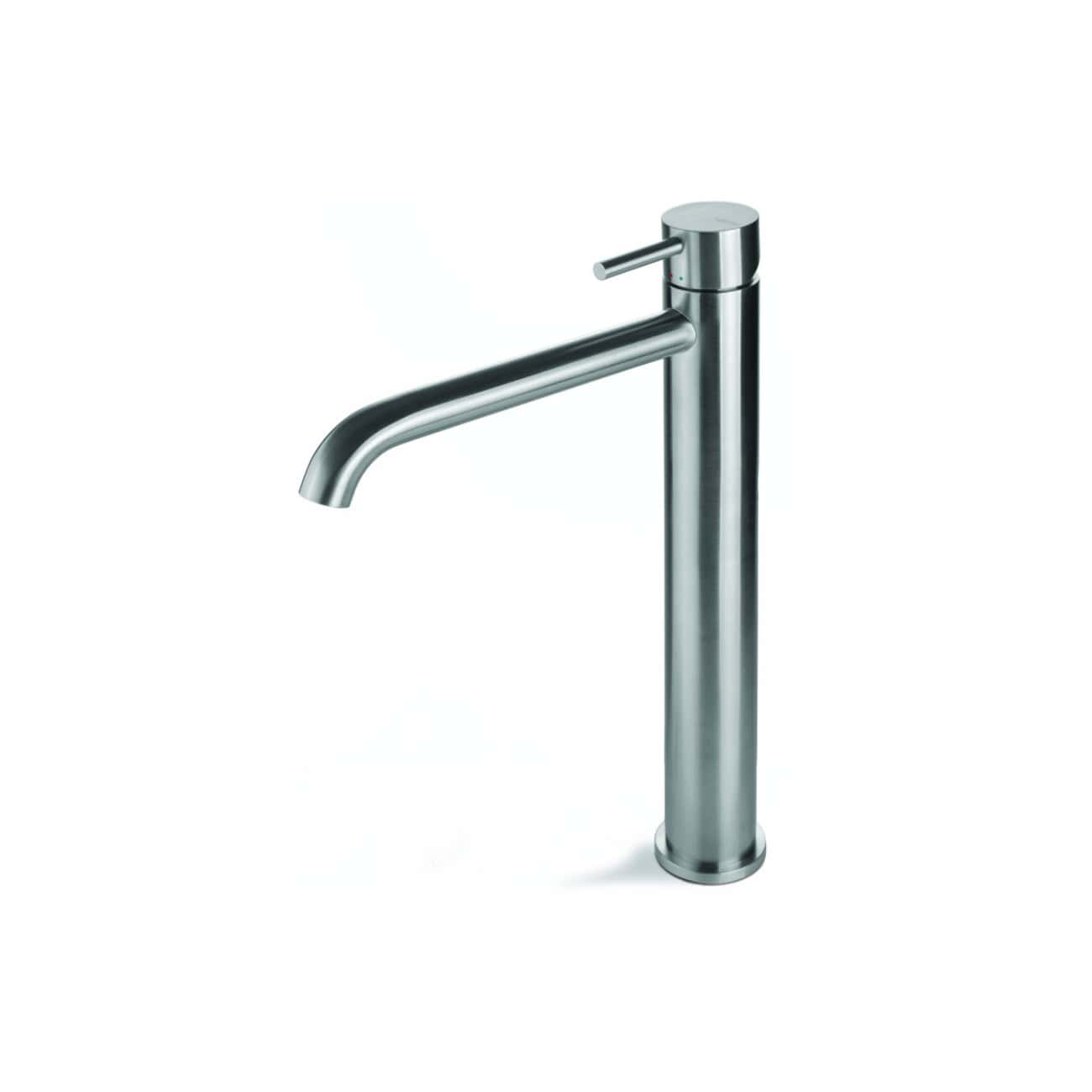 Chrome kitchen tap with modern cylindrical design and single lever handle.