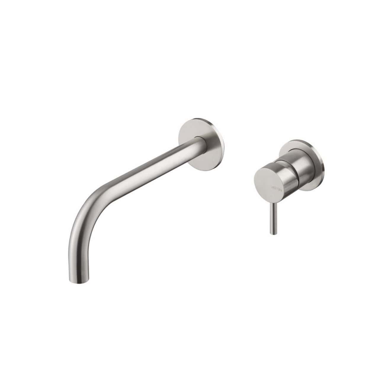 Sleek stainless steel wall-mounted bathroom tap with matching mixer valve, modern design, ideal for contemporary bathrooms and kitchens.