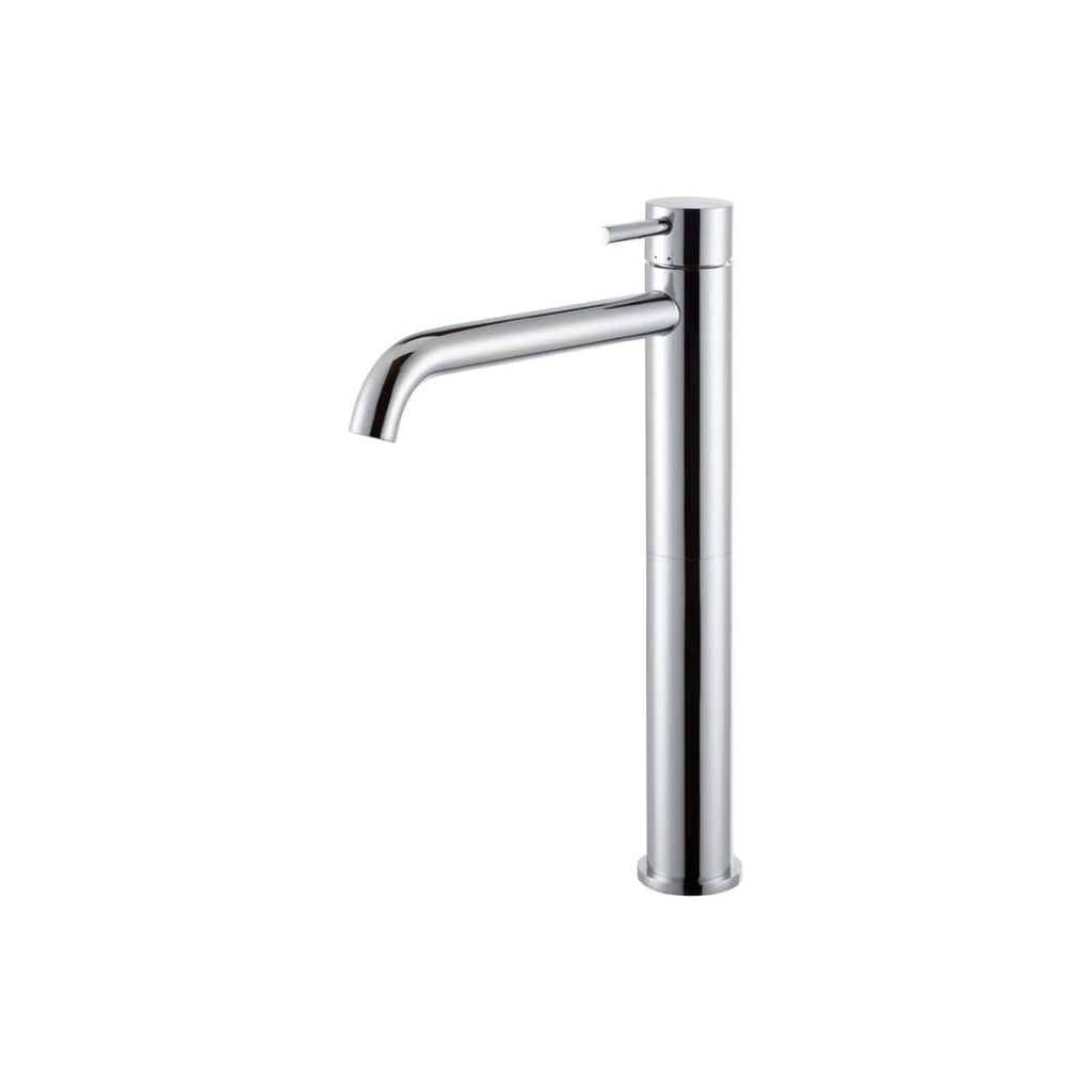 Polished chrome freestanding kitchen sink tap with a modern, minimalist design. Ideal for contemporary bathrooms and kitchens, providing at-source water control with sleek styling.