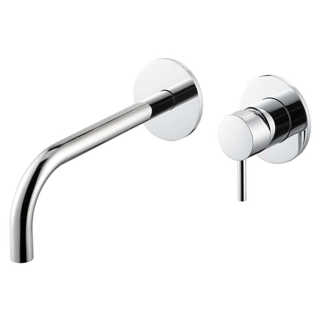 Chrome wall-mounted kitchen tap with sleek curved spout and modern lever handle, ideal for contemporary kitchens. Perfect for professional or home use, combining style and functionality.