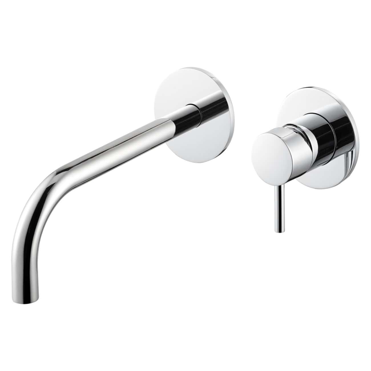 Chrome wall-mounted kitchen tap with sleek curved spout and modern lever handle, ideal for contemporary kitchens. Perfect for professional or home use, combining style and functionality.