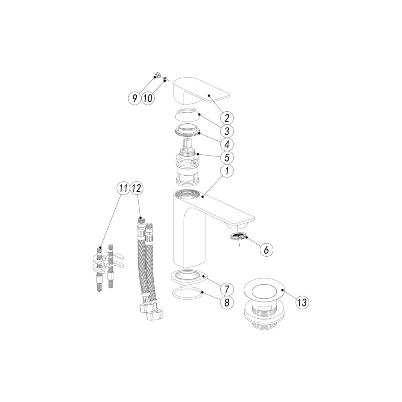 High-quality Bubly bathroom faucet with detailed technical diagram for easy installation and repairs, highlighting key parts such as the spout, handle, and mounting components. Suitable for homeowners and plumbers seeking reliable bathroom fixtures.