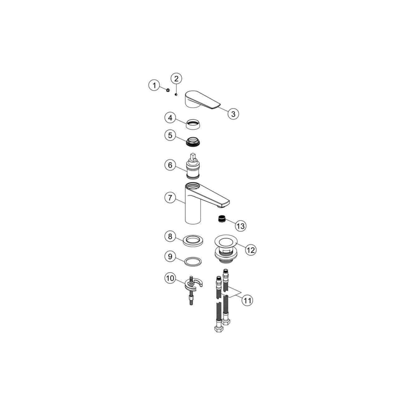 Flexible bathroom tap with installation components for modern bathroom upgrade, including cartridge, seals, and mounting hardware. Ideal for replacing or installing new bathroom sinks.