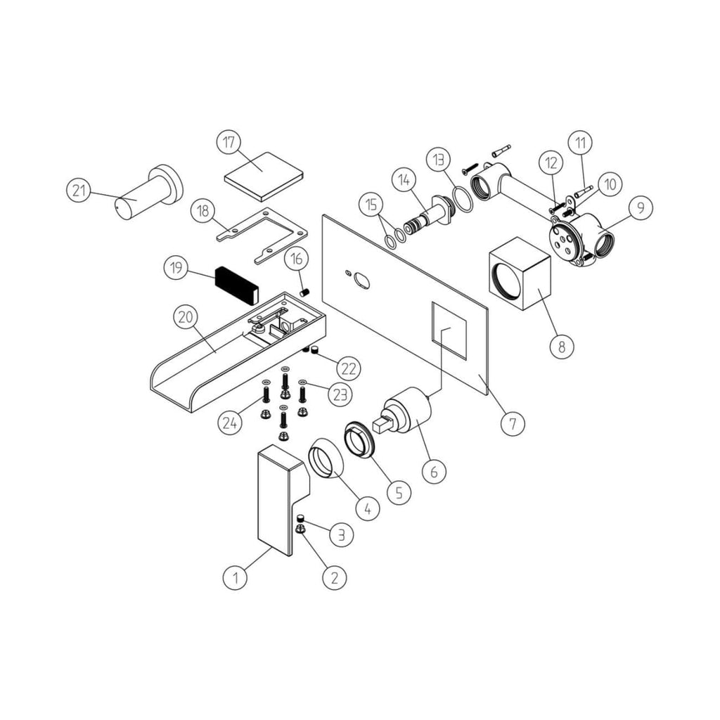 Engineered diagram of Bubly Bathrooms' plumbing assembly, including fittings, pipes, and fixtures, showcasing high-quality bathroom plumbing components for modern bathroom installations.