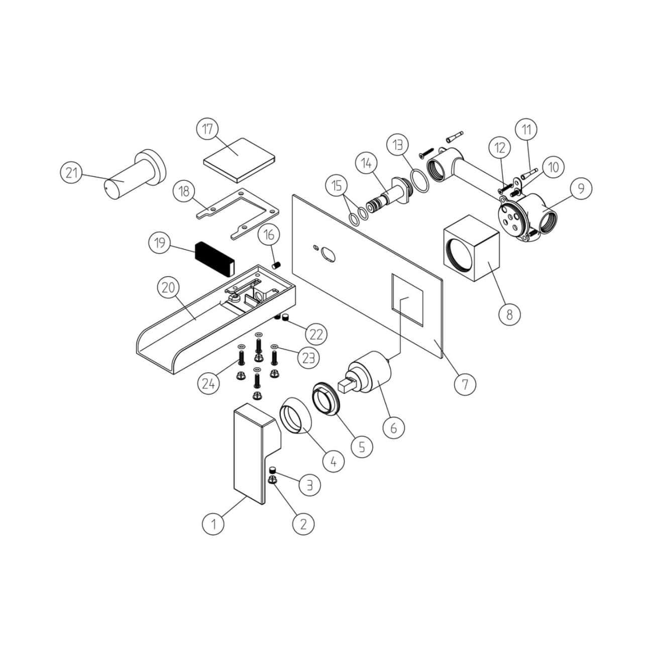 Engineered diagram of Bubly Bathrooms' plumbing assembly, including fittings, pipes, and fixtures, showcasing high-quality bathroom plumbing components for modern bathroom installations.