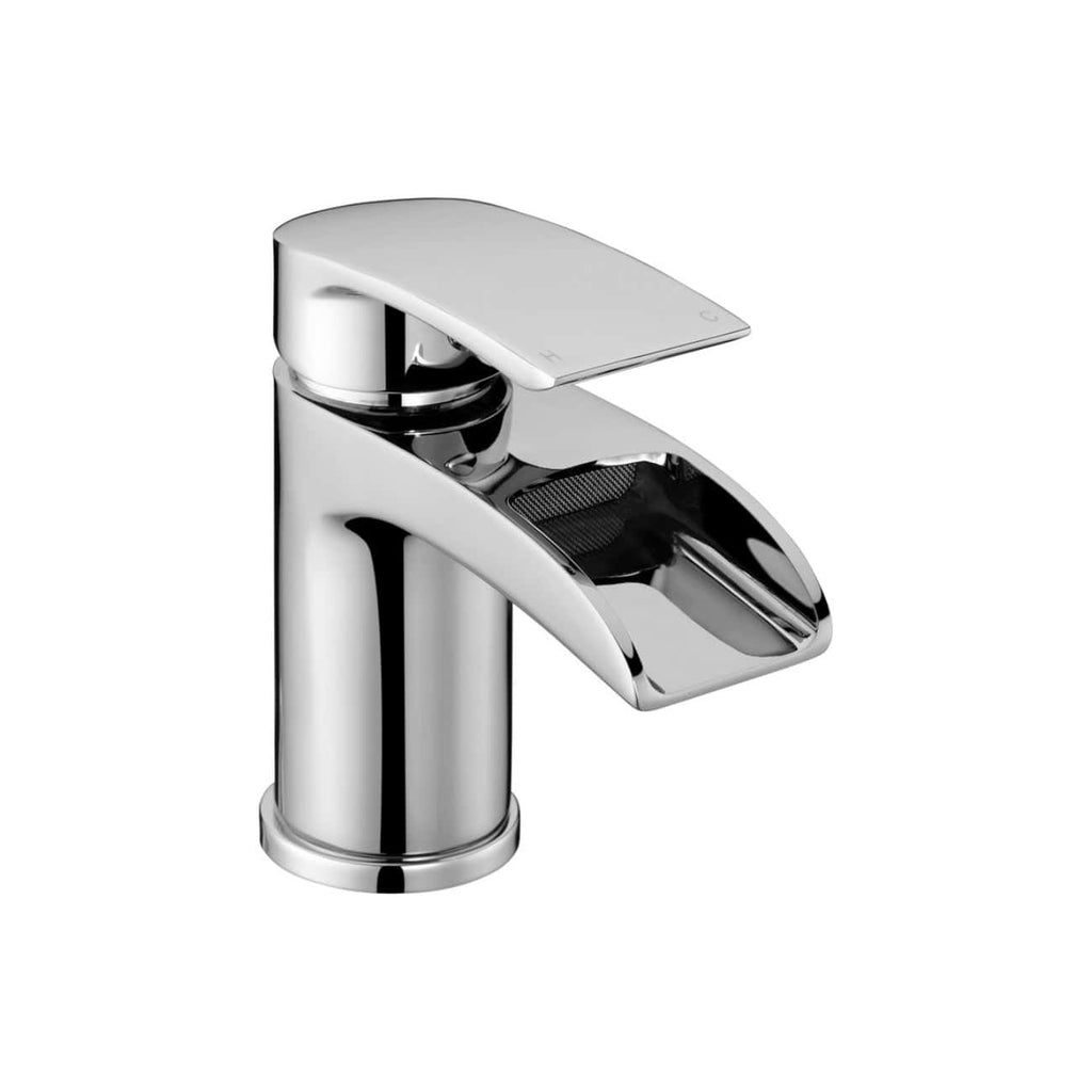 Shiny chrome bathroom faucet with sleek modern design, ideal for contemporary bathroom sinks.