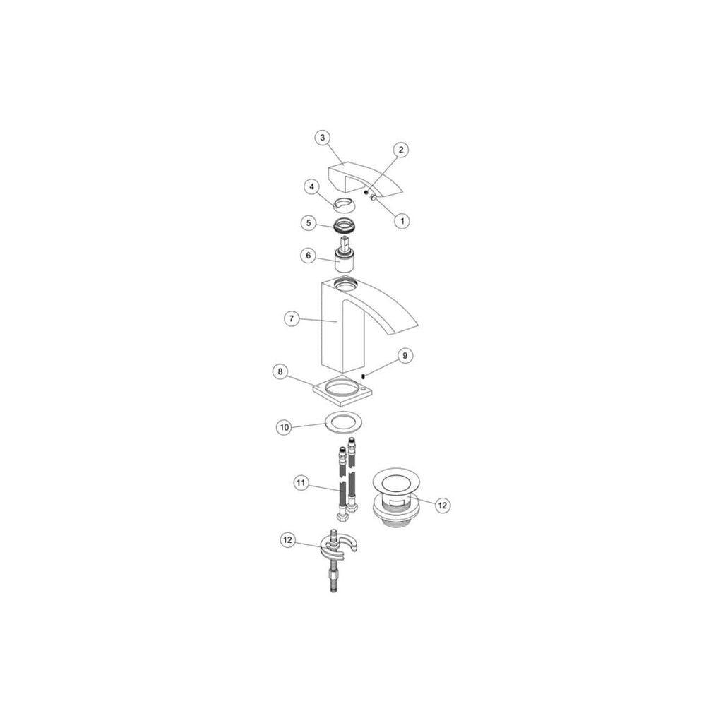 Chrome bathroom sink faucet with diagram showing the assembly parts and installation components. Ideal for bathroom renovation, single-handle mixer, modern design, waterproof and durable.