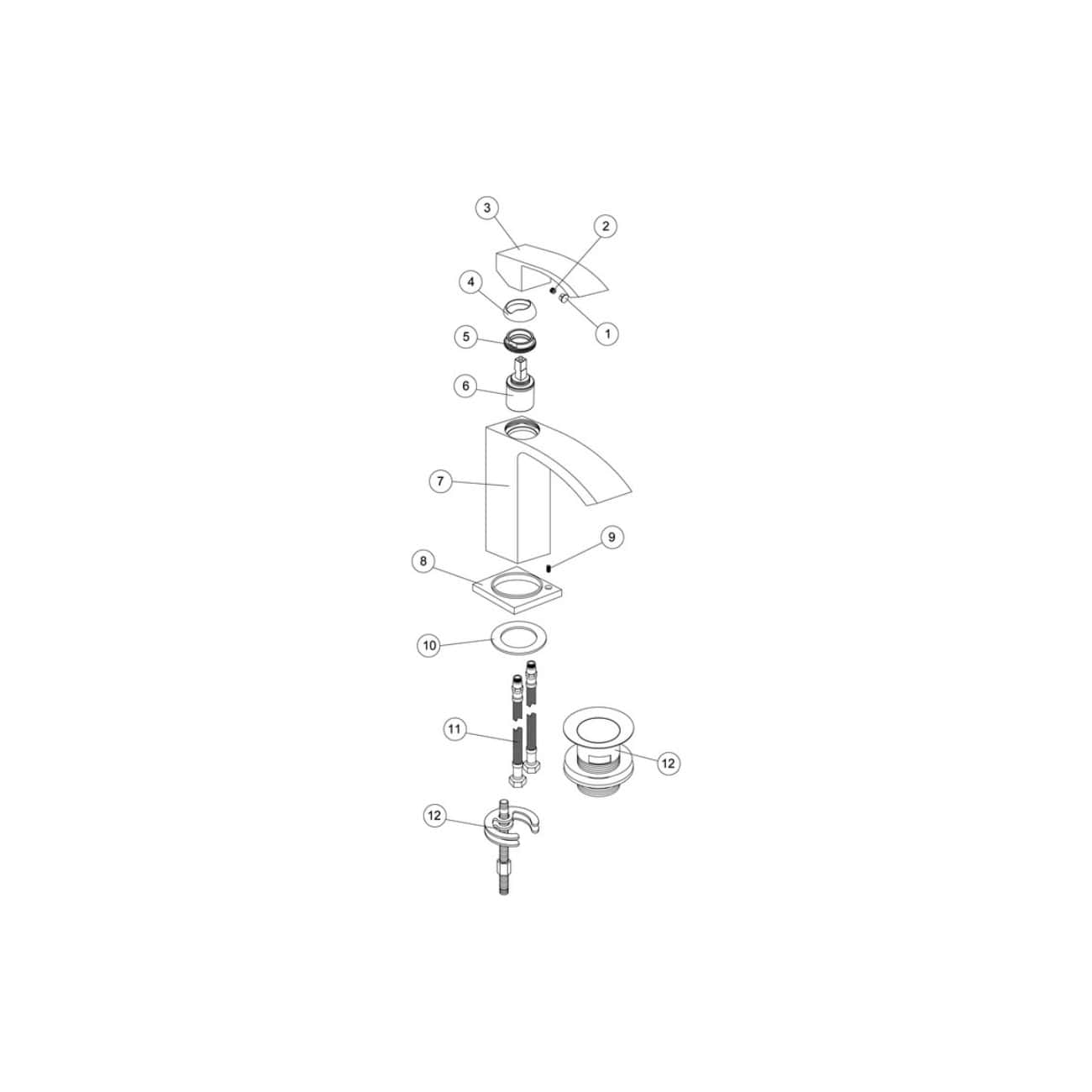 Chrome bathroom sink faucet with diagram showing the assembly parts and installation components. Ideal for bathroom renovation, single-handle mixer, modern design, waterproof and durable.