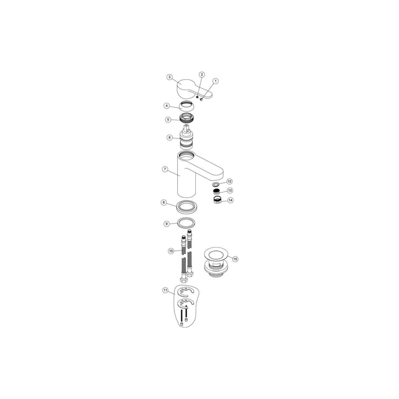 Flexible BESPOKE bathroom tap parts replacement diagram for plumbing repair or installation, including spout, handle, cartridges, seals, and mounting hardware for customisable bathroom fixtures.