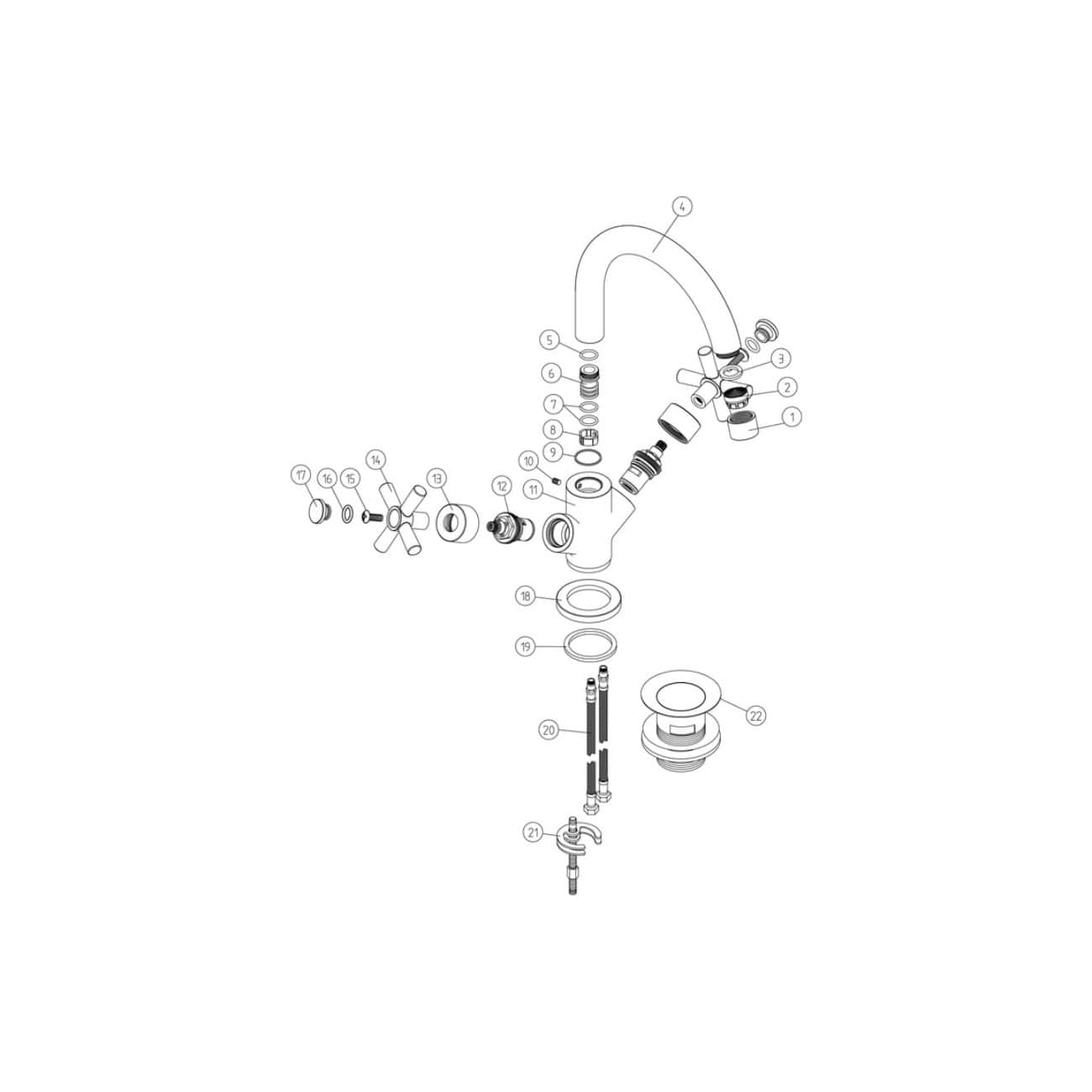 Flexible kitchen or bathroom tap assembly diagram, showing internal components and installation parts for plumbing fixtures and repair.