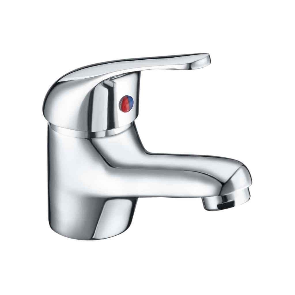 Chrome bathroom mixer tap with lever handle and hot-cold water control.