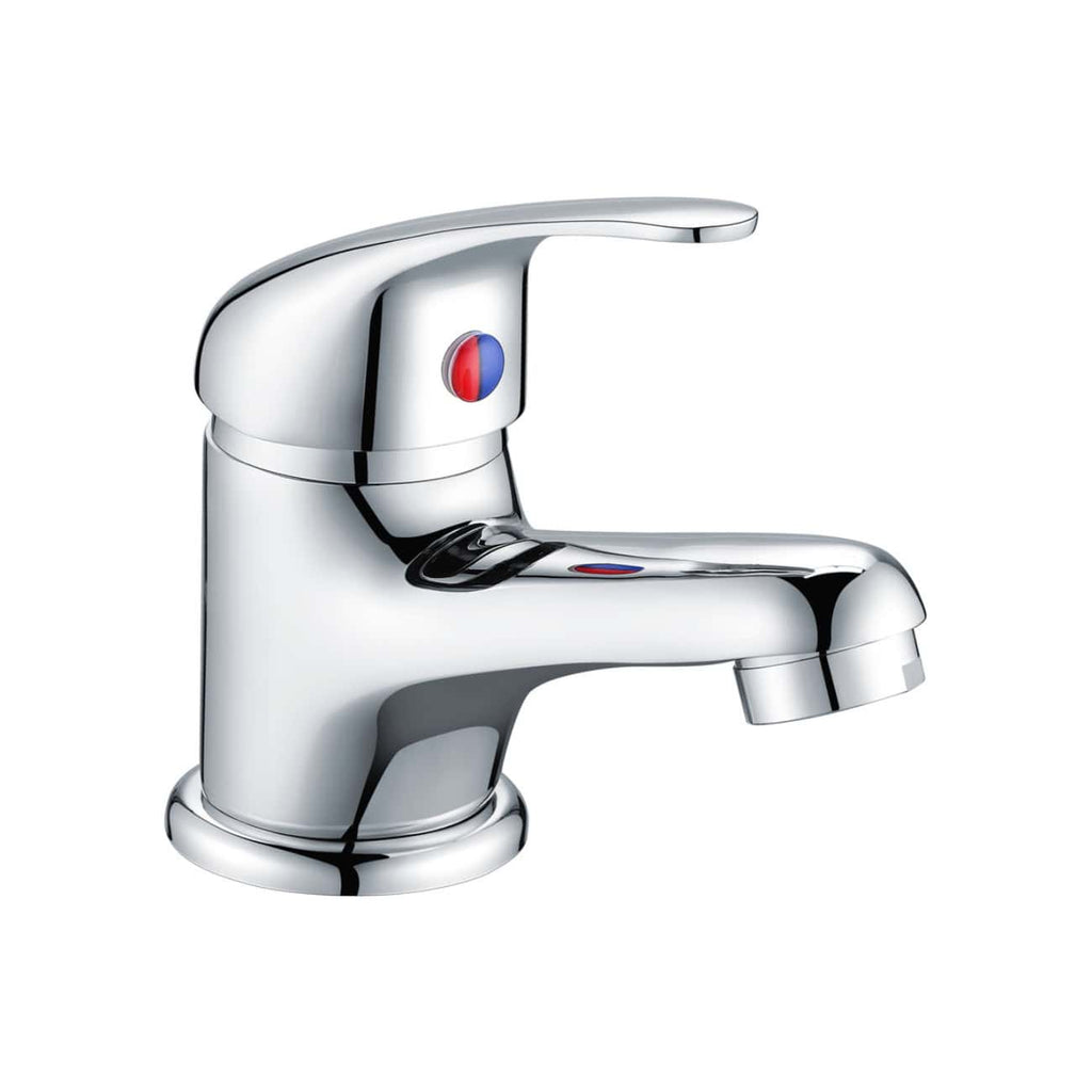 Polished chrome bathroom mixer tap featuring standard hot and cold water controls, designed for modern bathroom sink installations.