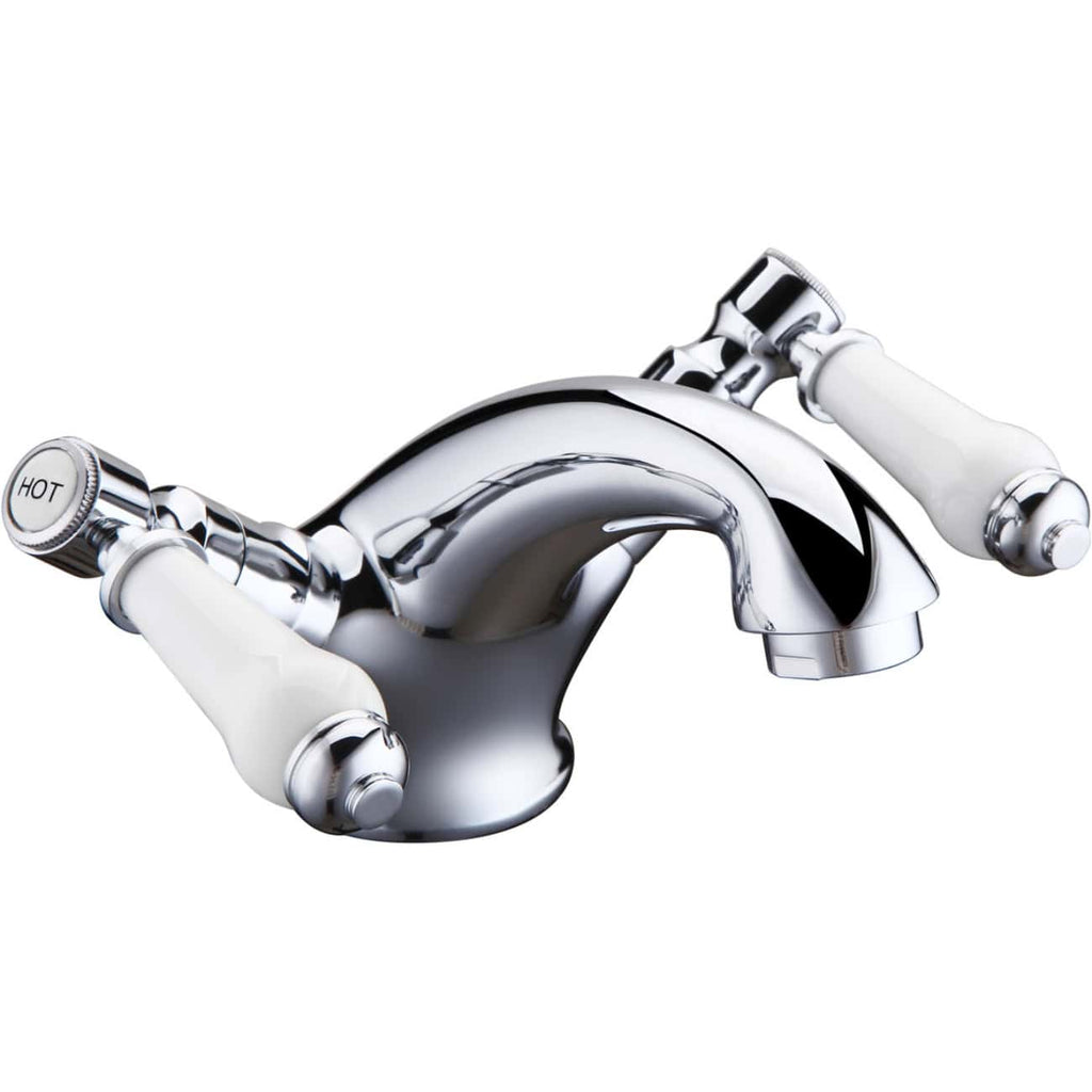 Chrome bathroom sink mixer tap with white handles, ideal for modern bathroom designs and plumbing fixtures. Perfect for enhancing bathroom aesthetics and functionality.