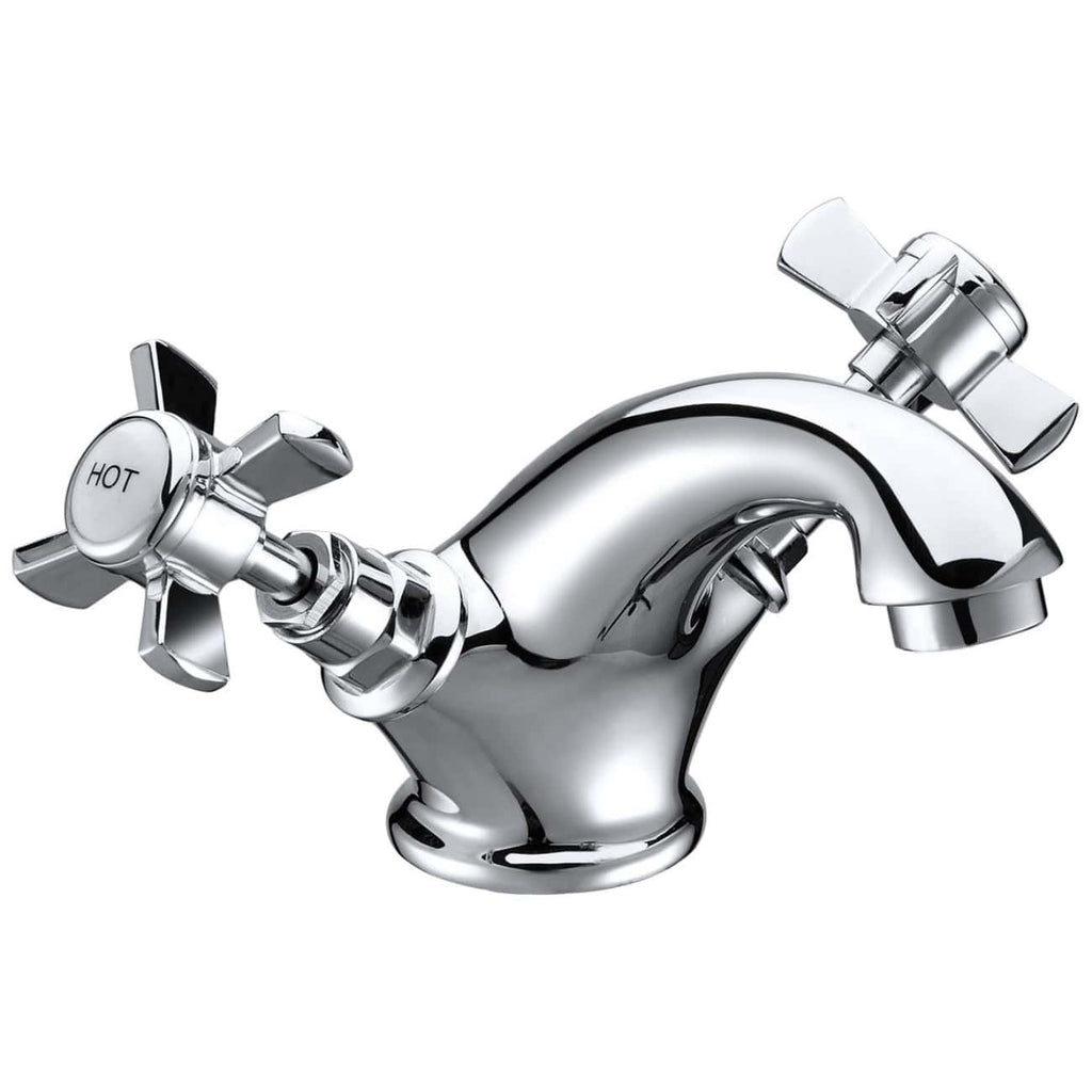 Chrome finish bathroom tap with hot and cold water control, modern design for kitchen or bathroom sink.