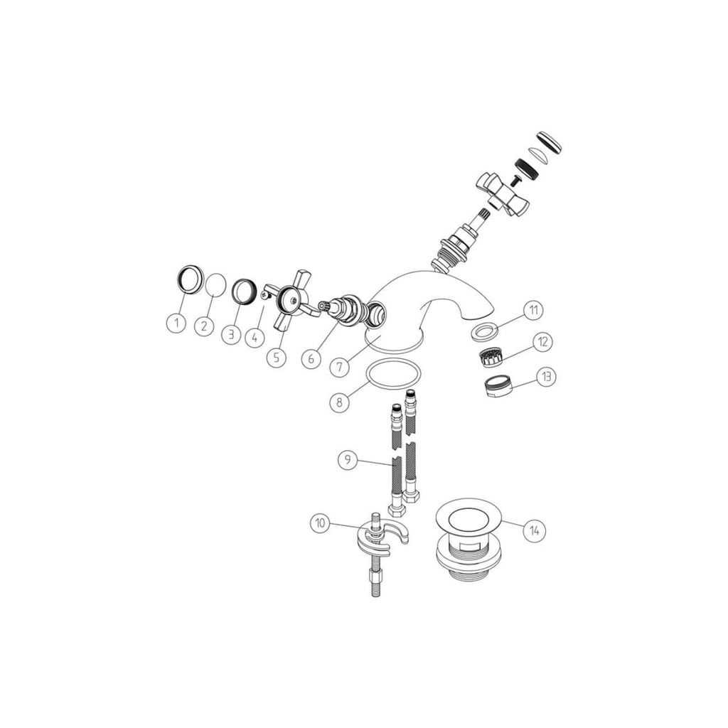 Flexible bathroom tap installation diagram with detailed parts, suitable for bathroom renovations. Ideal for DIY plumbing repairs and upgrades.