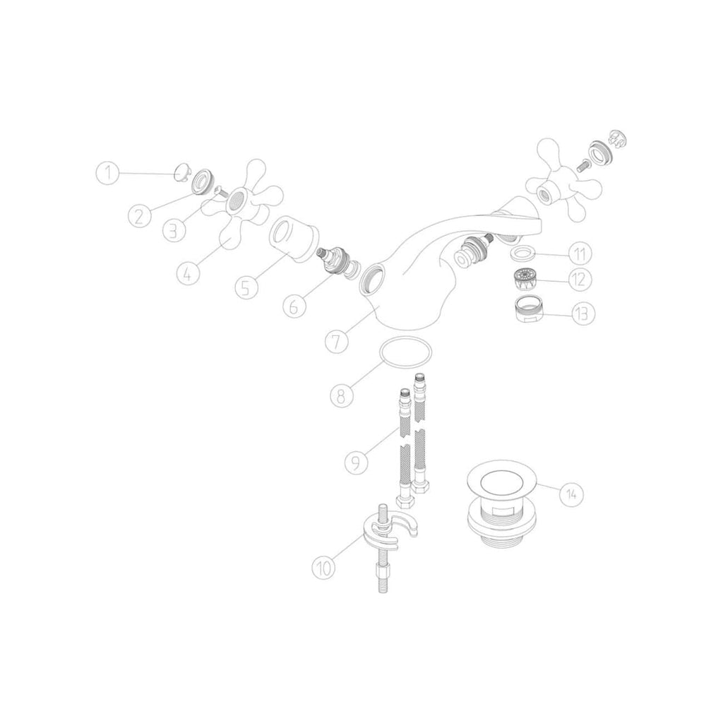 Exhaustive diagram of Bubly Bathrooms vintage faucet components, showing detailed parts and assembly for bathroom sink plumbing, suitable for installation or repair.