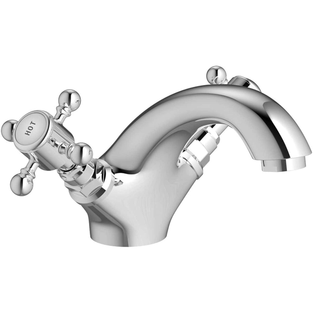 Chrome bathroom sink mixer tap with hot and cold controls, polished finish for modern bathroom designs.