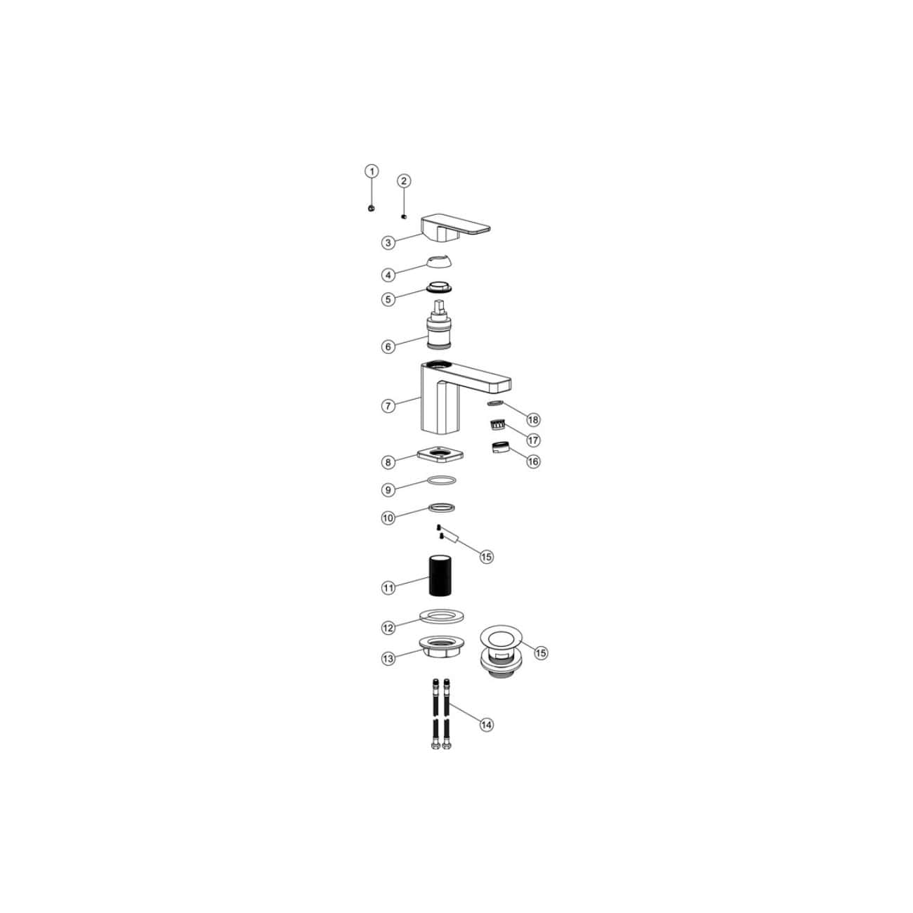 Modern Bubly bathroom mixer tap with detailed technical diagram showcasing installation parts and components. Ideal for contemporary bathroom renovations and repairs.