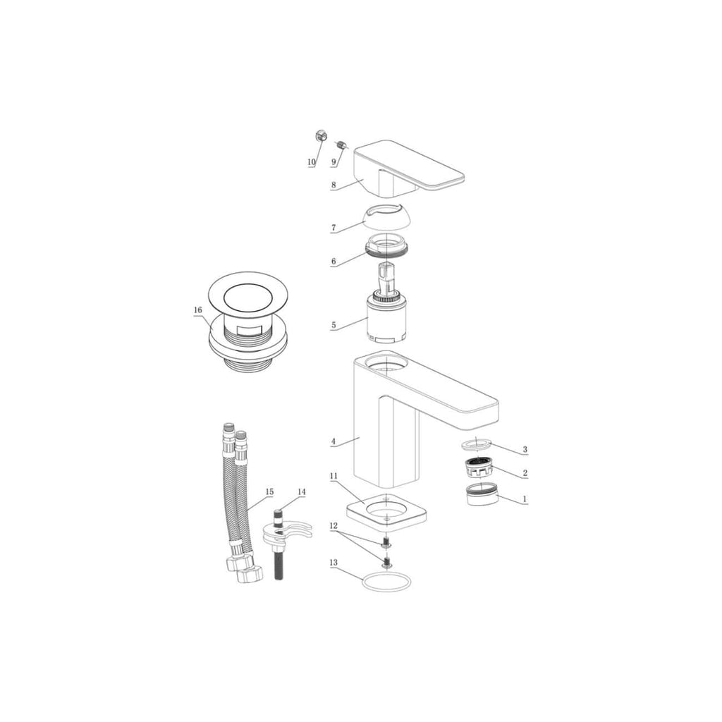 Modern Bubly Bathrooms basin mixer tap with detailed technical diagram showing components and assembly. Ideal for bathroom renovation and plumbing upgrades.