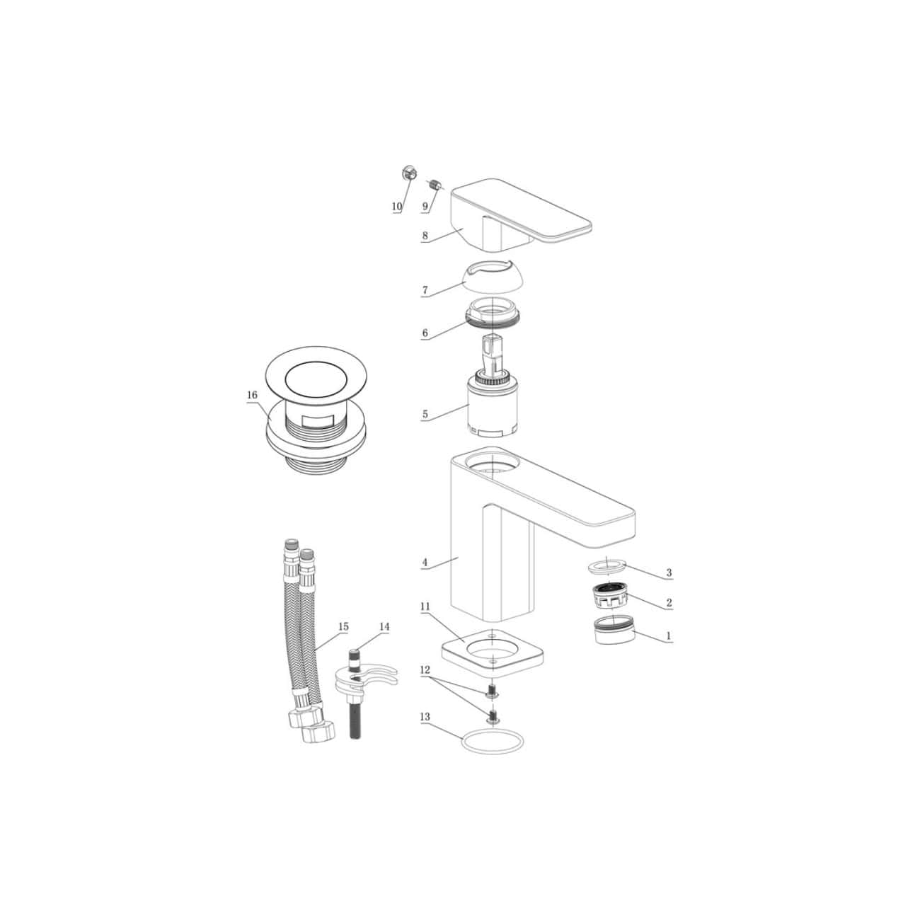 Modern Bubly Bathrooms basin mixer tap with detailed technical diagram showing components and assembly. Ideal for bathroom renovation and plumbing upgrades.