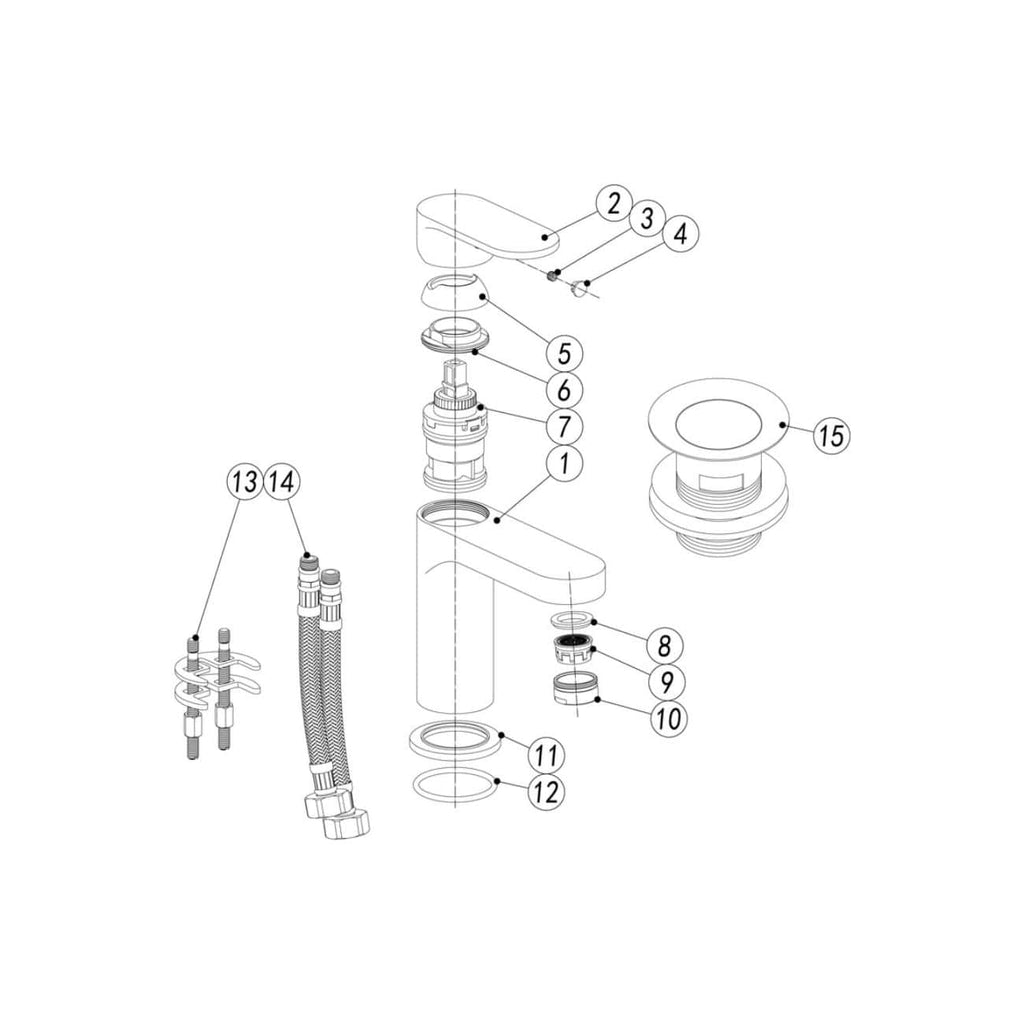 Flexible bathroom tap repair parts and installation diagram for Bubly Bathrooms, showcasing components like handles, cartridges, and plumbing connections for DIY or professional bathroom upgrades.