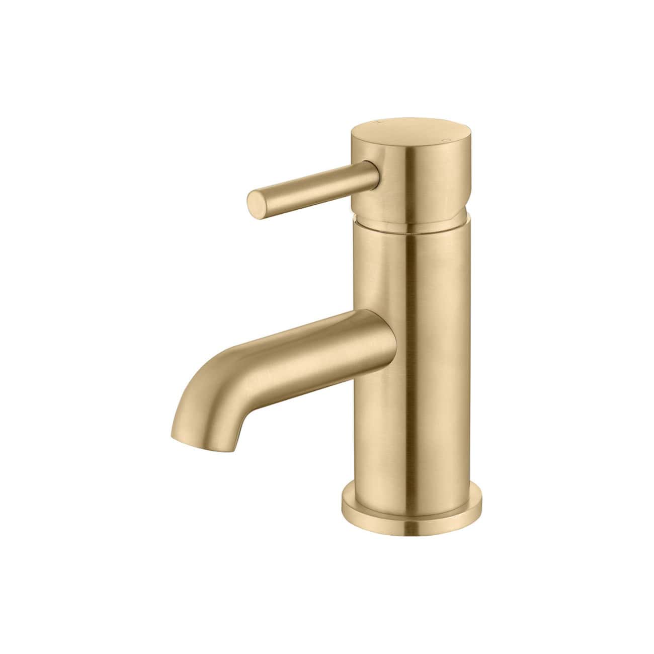 Slimline gold bathroom sink mixer tap with modern lever handle for contemporary bathroom designs.