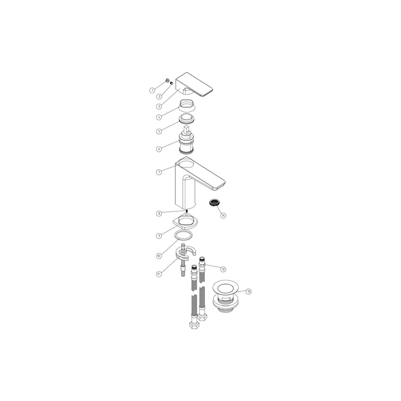 Elegant modern bathroom faucet, detailed exploded view, showcasing plumbing components and design elements suitable for contemporary bathroom remodels.