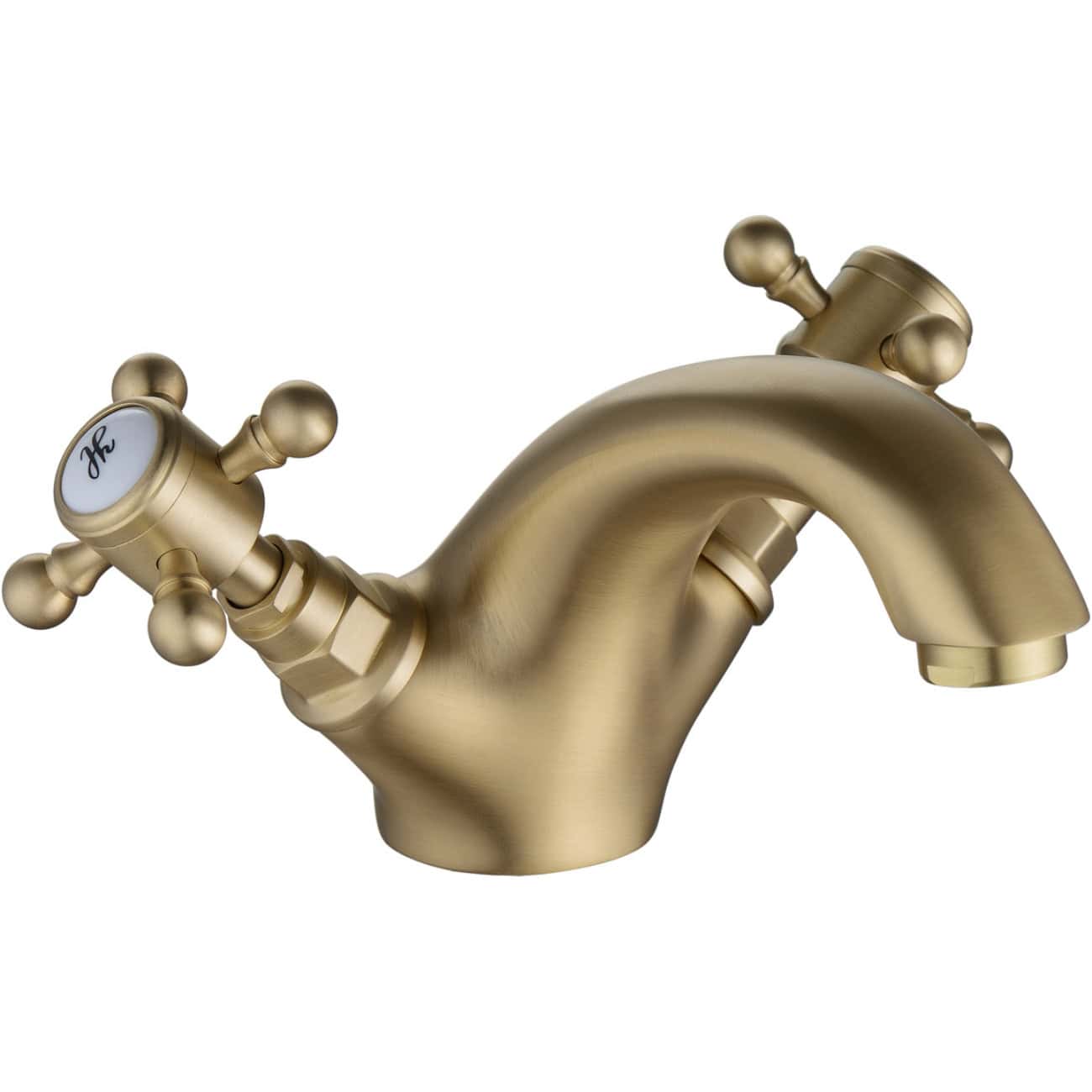 Polished brass bathroom basin mixer tap with traditional cross handles, elegant design perfect for classic or vintage-style bathrooms.