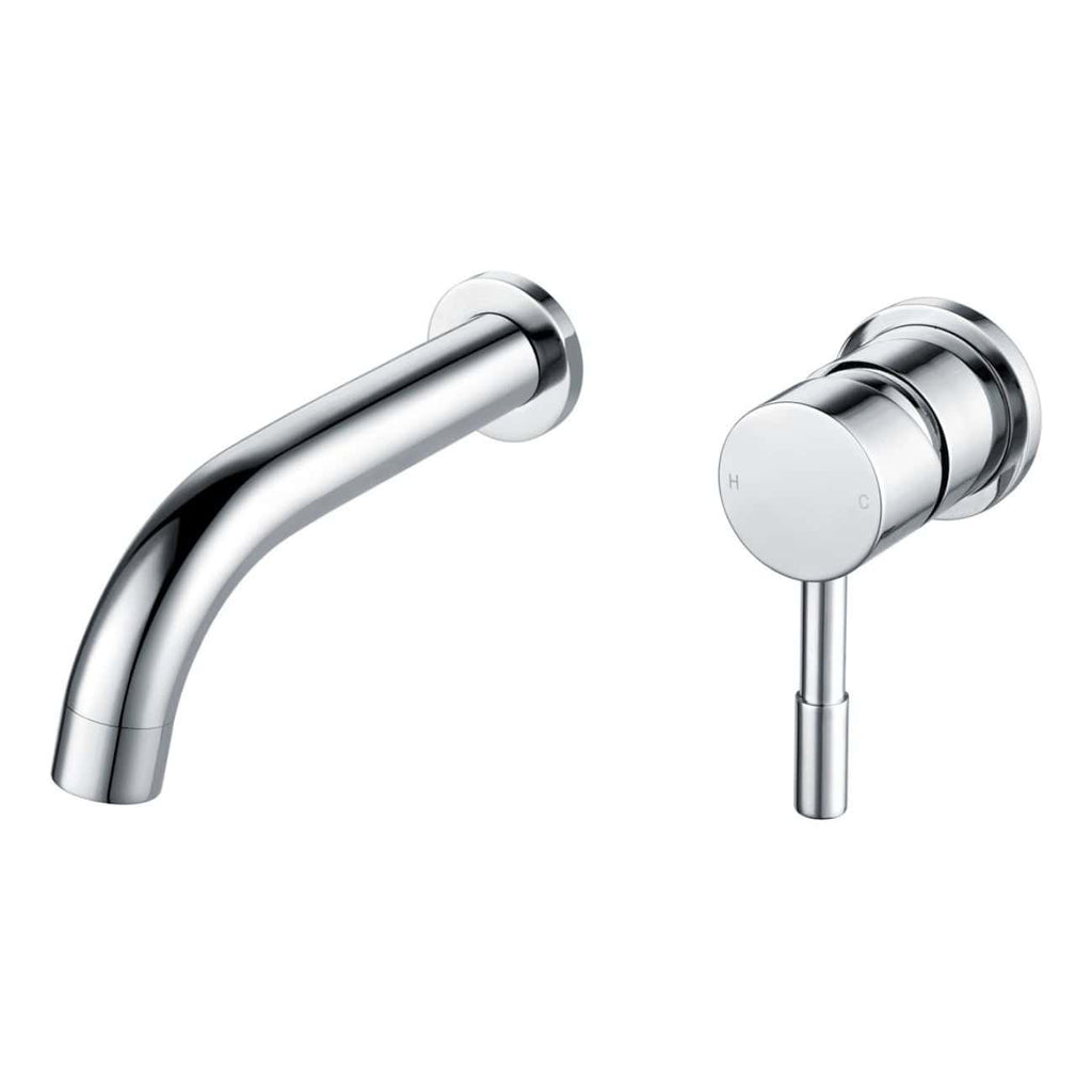 Sleek silver bathroom mixer tap with a matching control handle, perfect for modern bathroom sinks and baths. High-quality chrome finish offers durability and a stylish look.