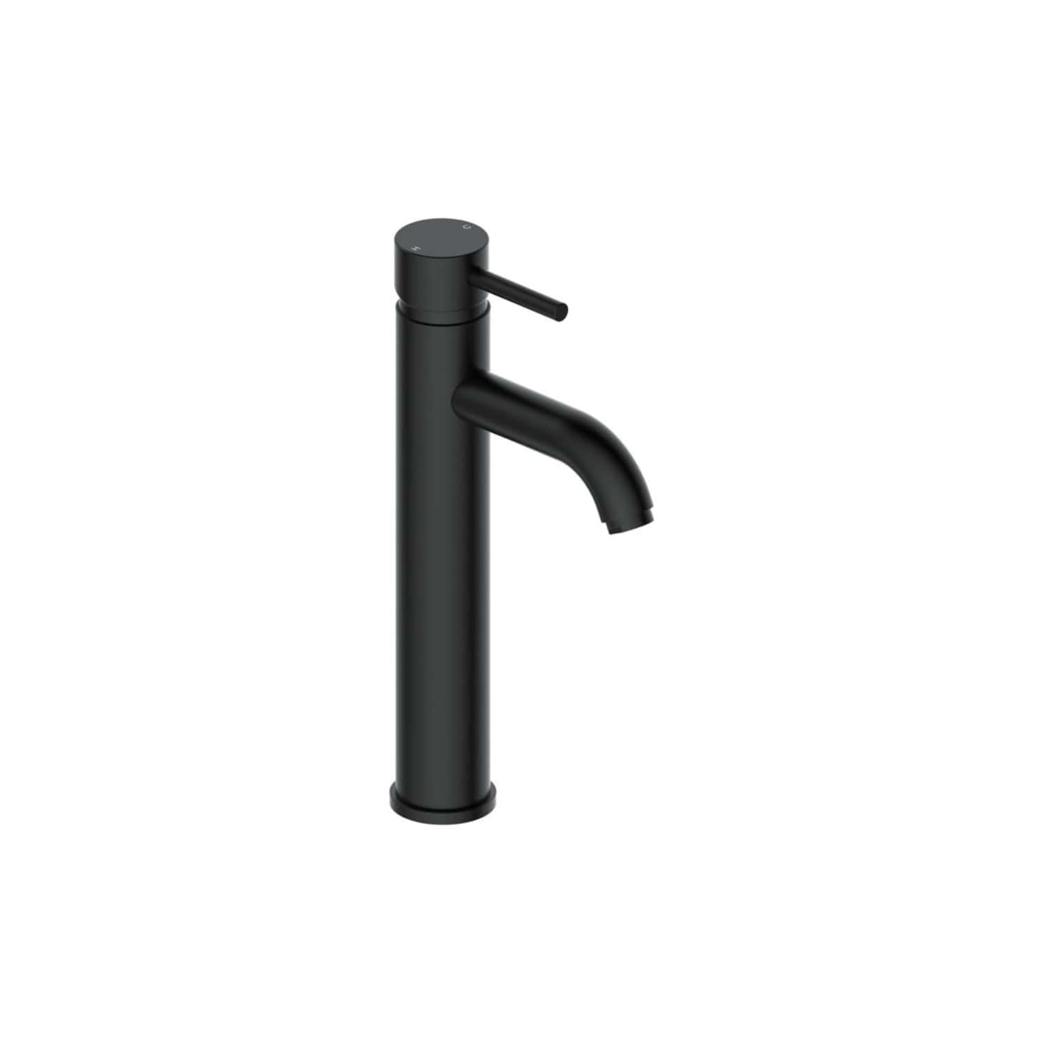 Sleek black bathroom tap with a modern minimalist design, perfect for contemporary bathroom upgrades, featuring a single lever handle for easy temperature and flow control.