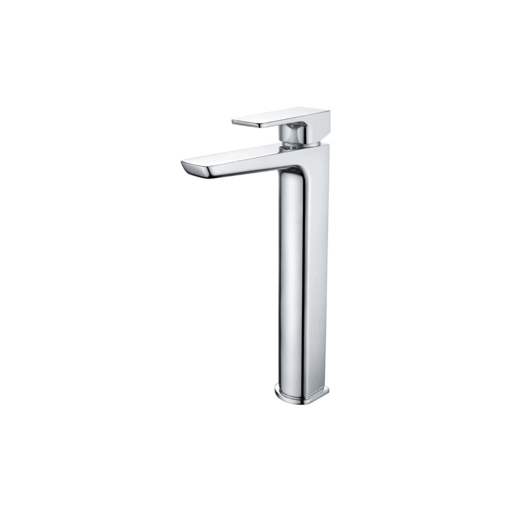 Sleek modern chrome bathroom sink tap with a minimalist design, ideal for contemporary bathroom interiors, featuring a single lever for easy water flow control.