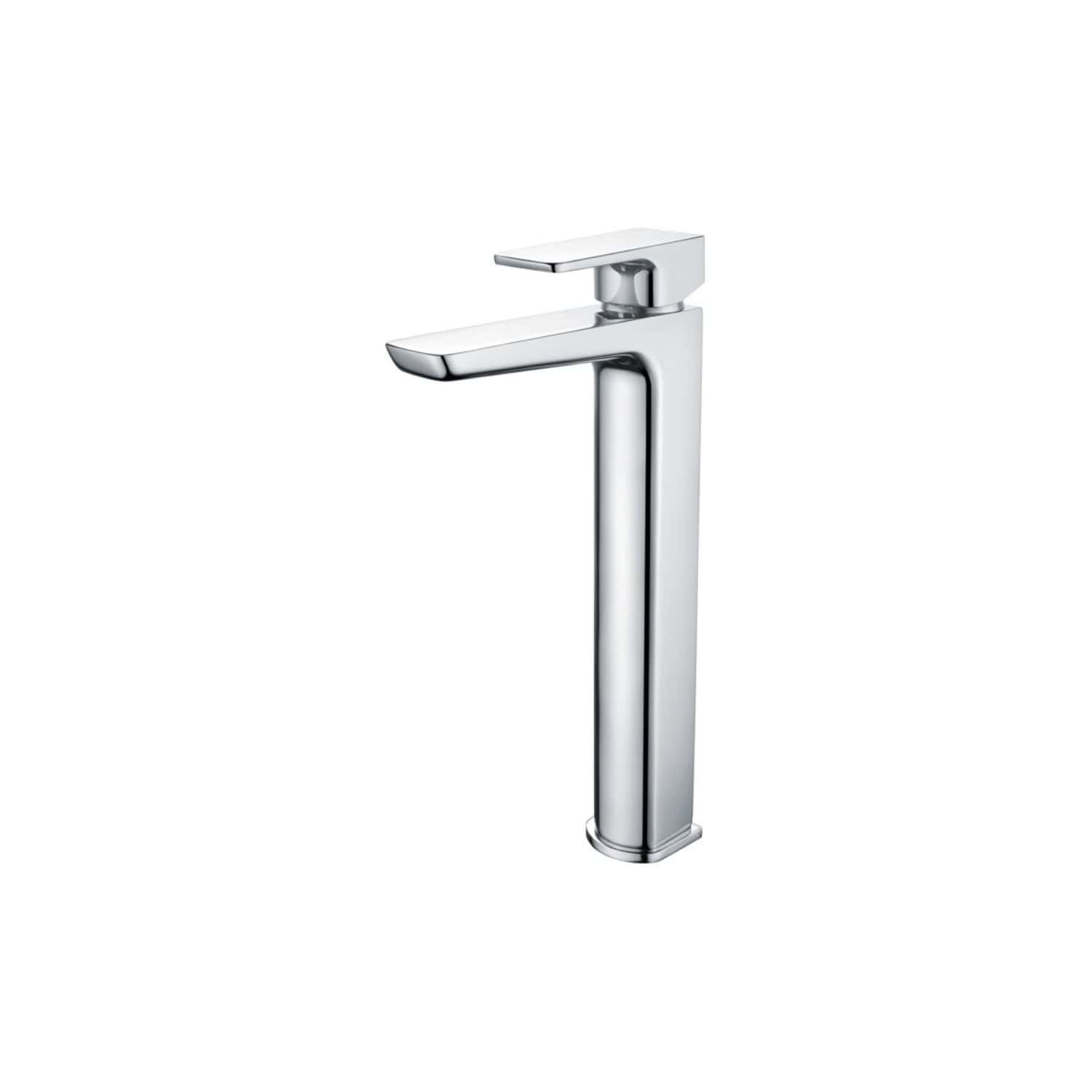 Sleek modern chrome bathroom sink tap with a minimalist design, ideal for contemporary bathroom interiors, featuring a single lever for easy water flow control.
