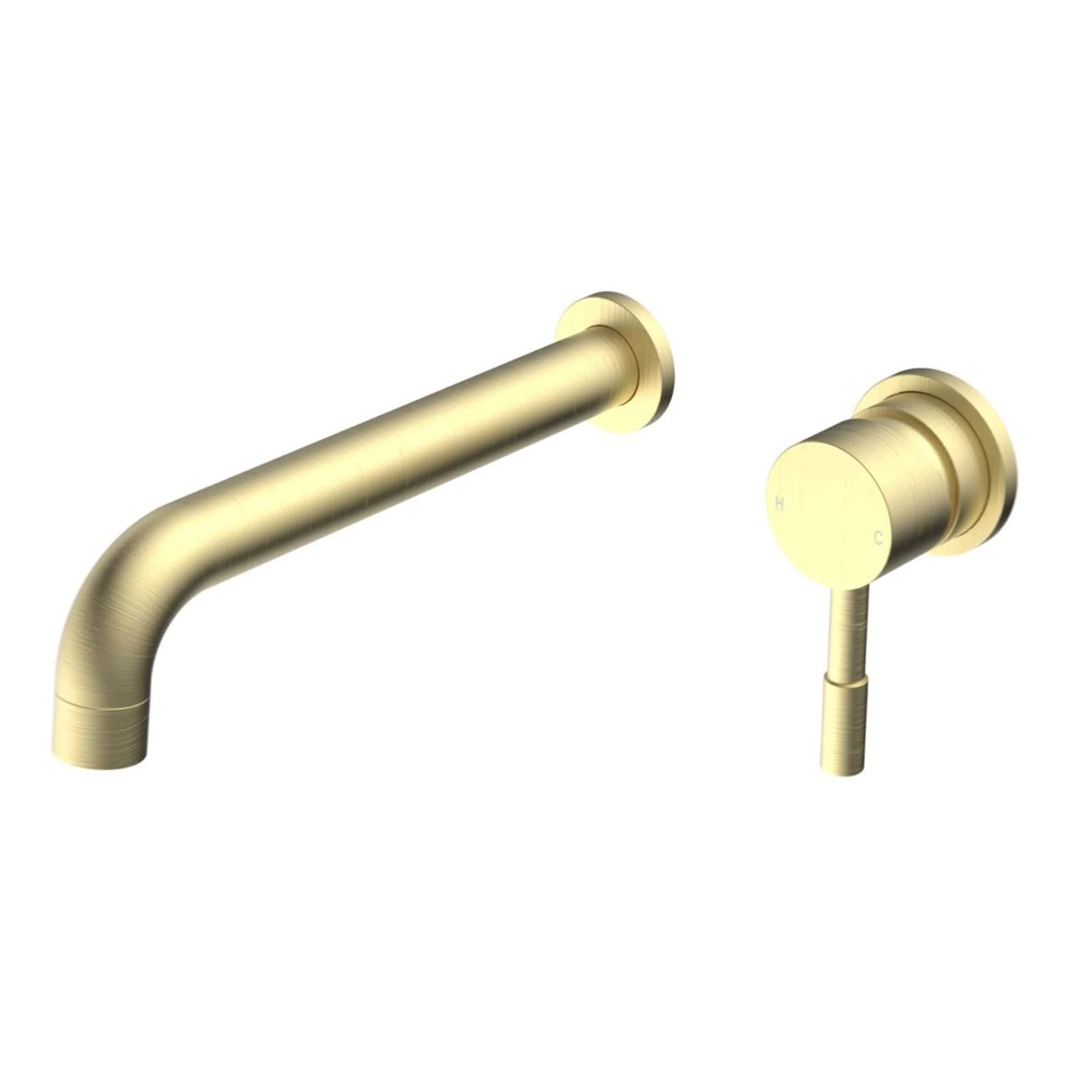 Polished brass bathroom tap set with wall-mounted spout and matching control valve, modern brass fixtures for stylish bathroom upgrade.
