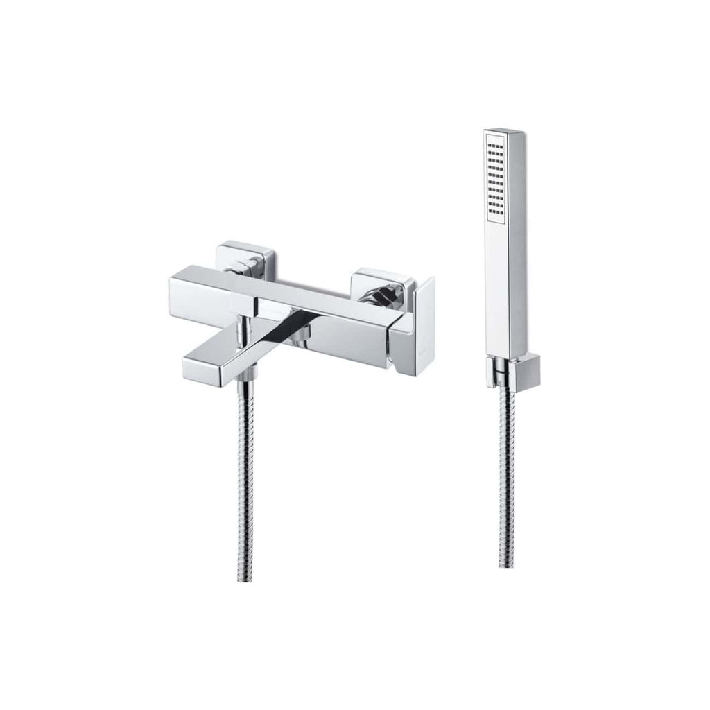 Sleek modern chrome bathroom wall-mounted bath mixer tap with hand-held shower head for contemporary bathroom design.