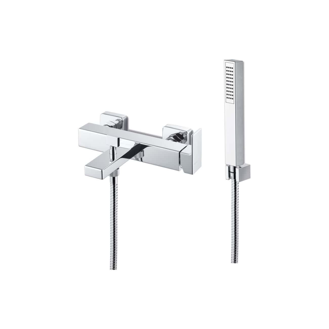 Sleek modern chrome bathroom wall-mounted bath mixer tap with hand-held shower head for contemporary bathroom design.