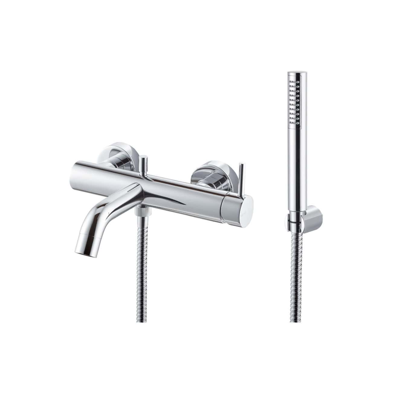 Sleek chrome bathroom mixer tap with handheld shower attachment, ideal for modern bathrooms. High-quality finished fixture offering versatile water control with a contemporary design.