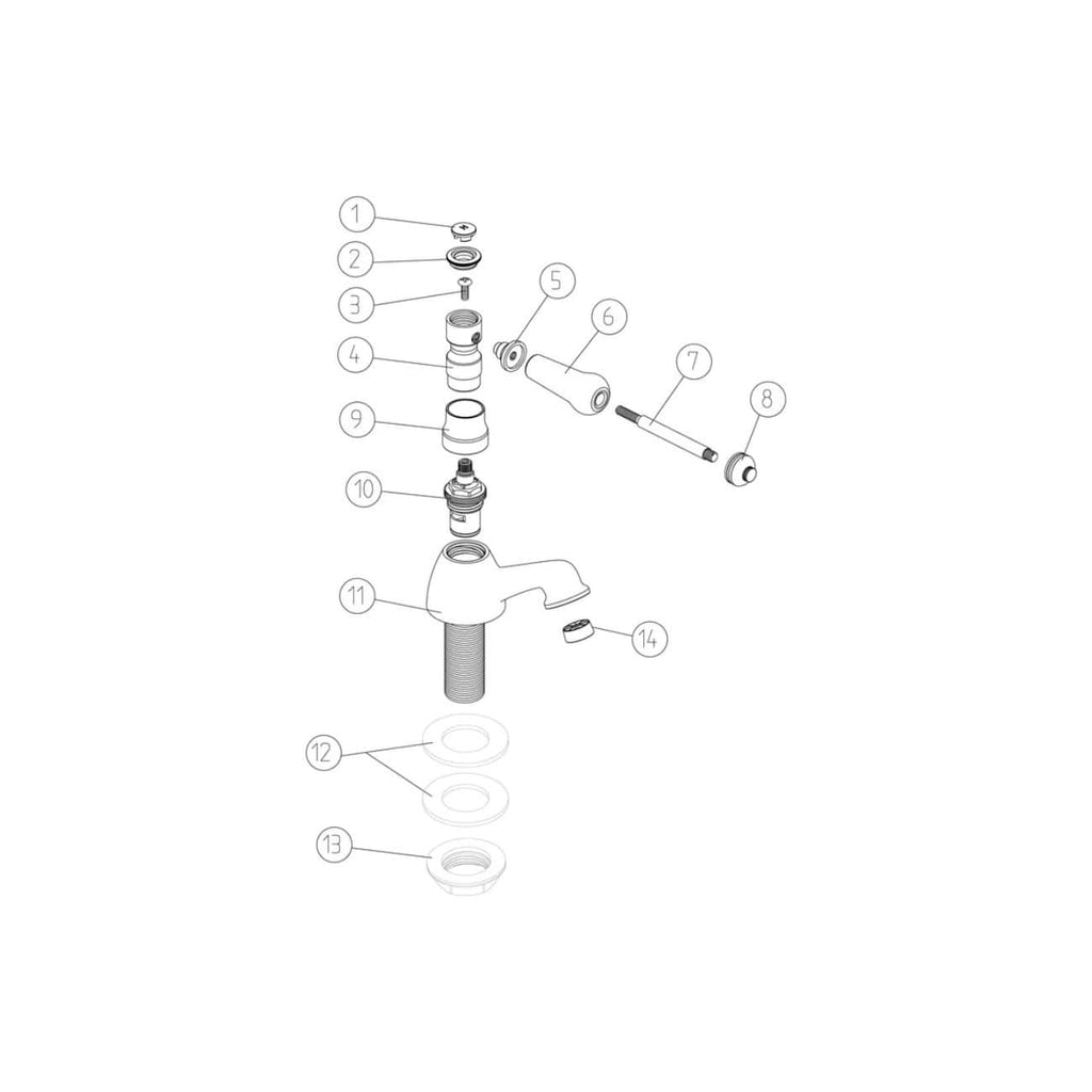 Exploded view of Bubly Bathrooms faucet parts and components for installation or repair. Includes handle, valve, mounting hardware, and sealing elements for plumbing maintenance.