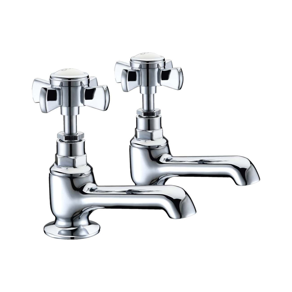 Chrome bathroom sink taps, Victorian style hot and cold water faucets, vintage classic design, high-quality bathroom accessories, shiny and durable metal finish.