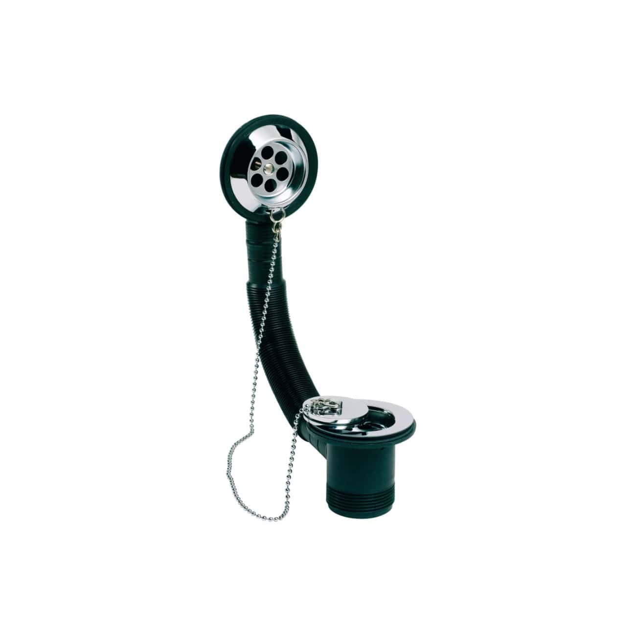 Phone-shaped bathroom sink drain with a black flexible hose and chrome finish, designed as a quirky bathroom accessory.