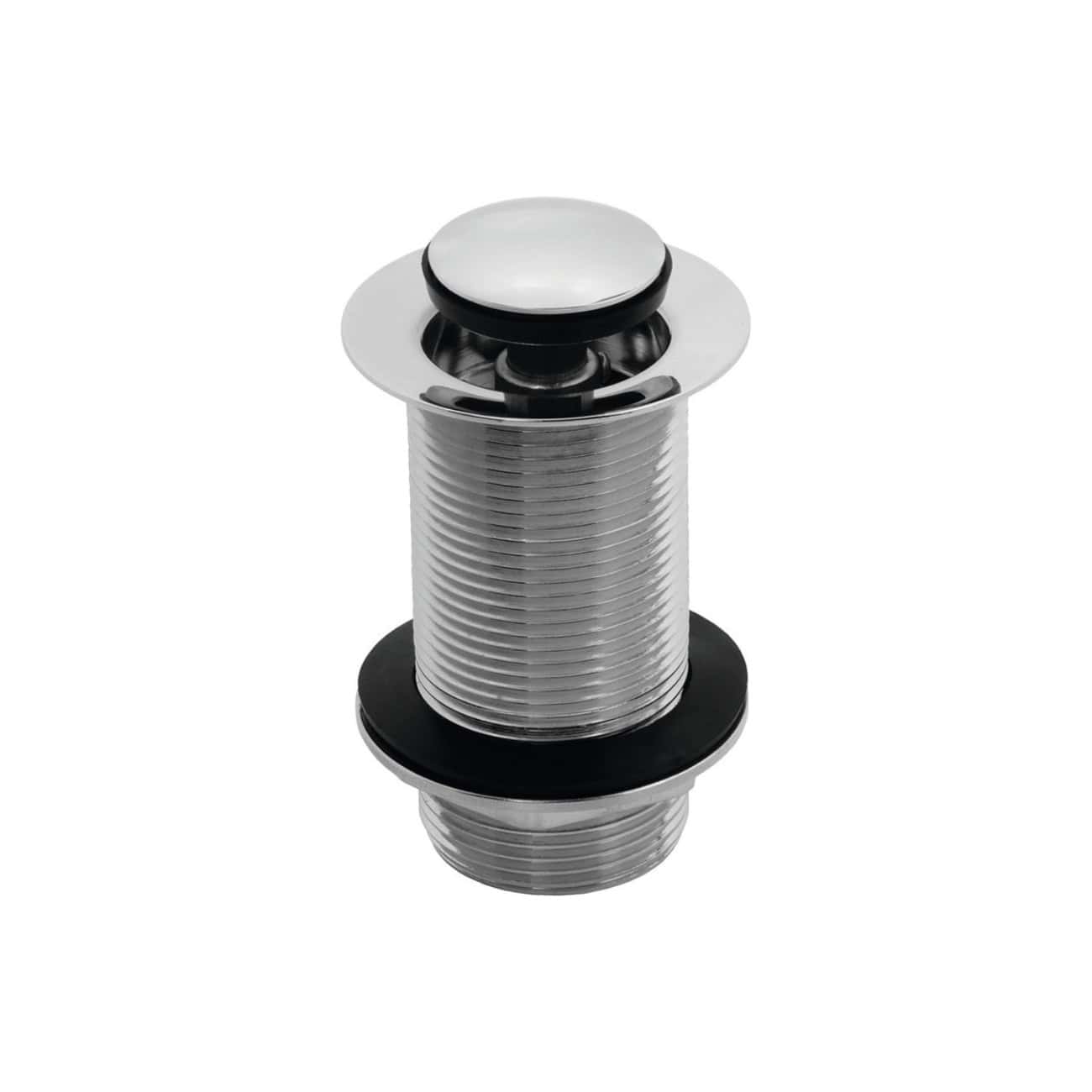Stainless steel bath drain with black rubber seal and chrome finish plumbing fitting, ideal for modern bathroom sink and tub installations.
